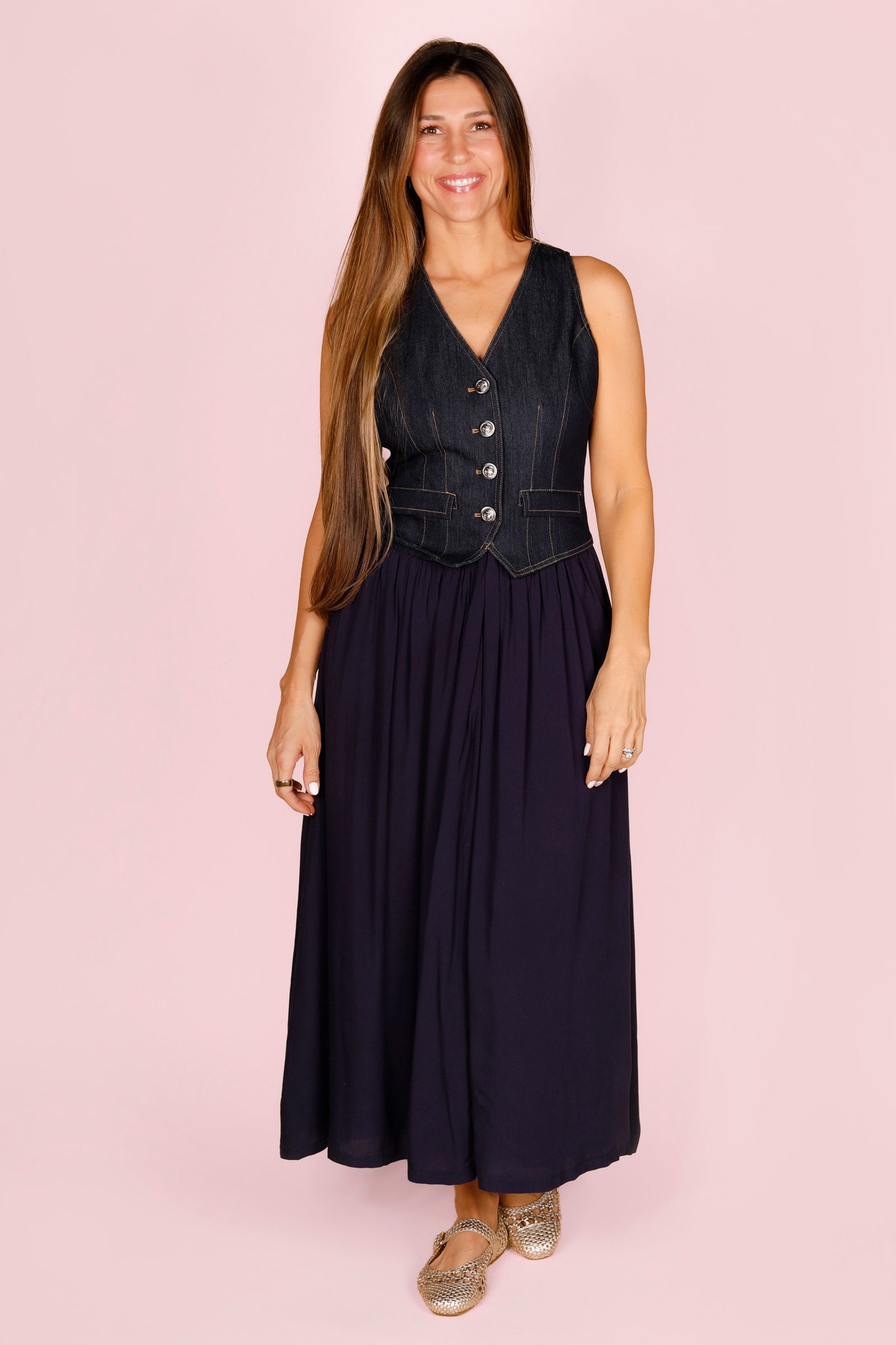 Indigo Denim Vest Midi Dress