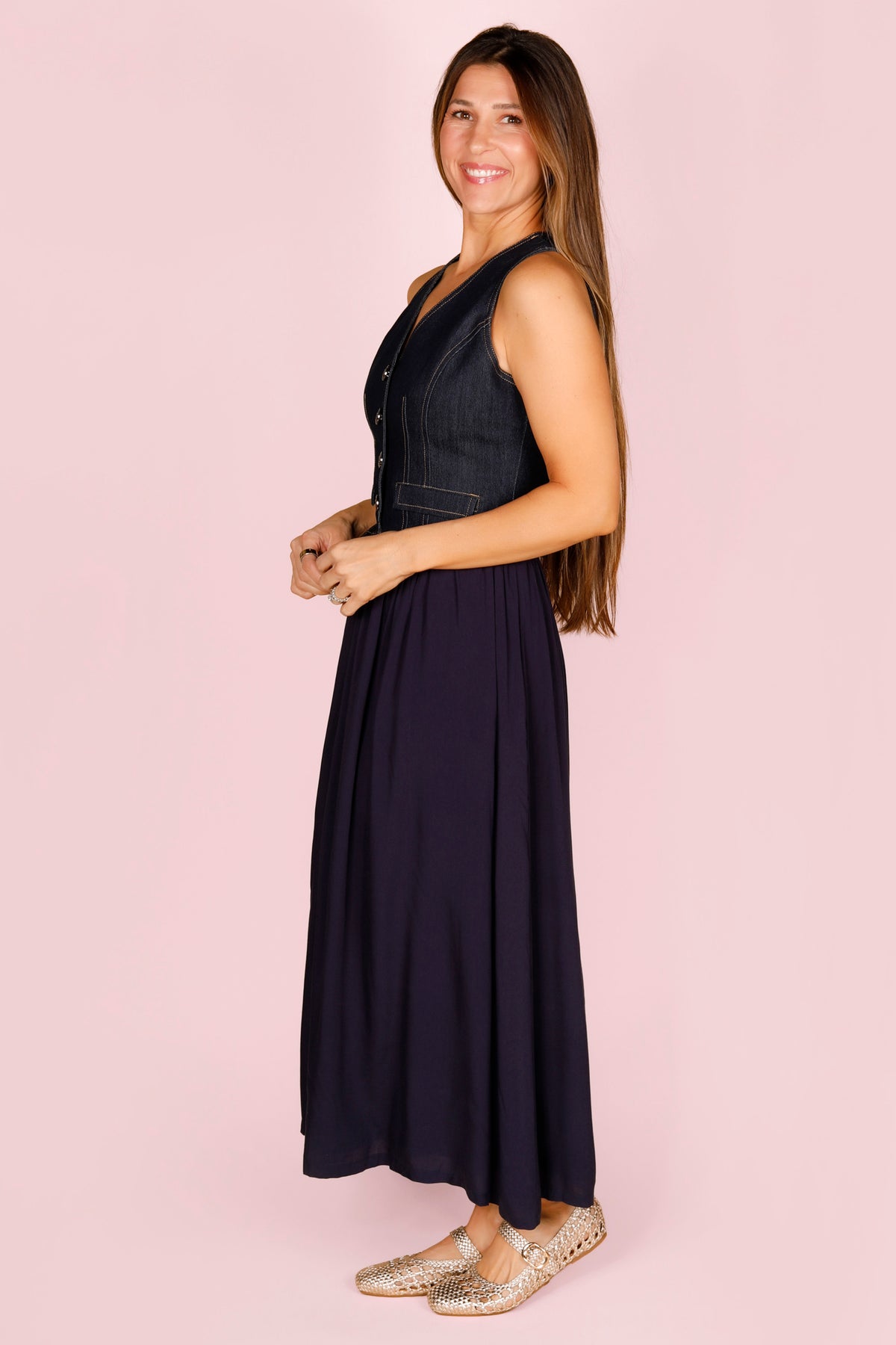 Indigo Denim Vest Midi Dress
