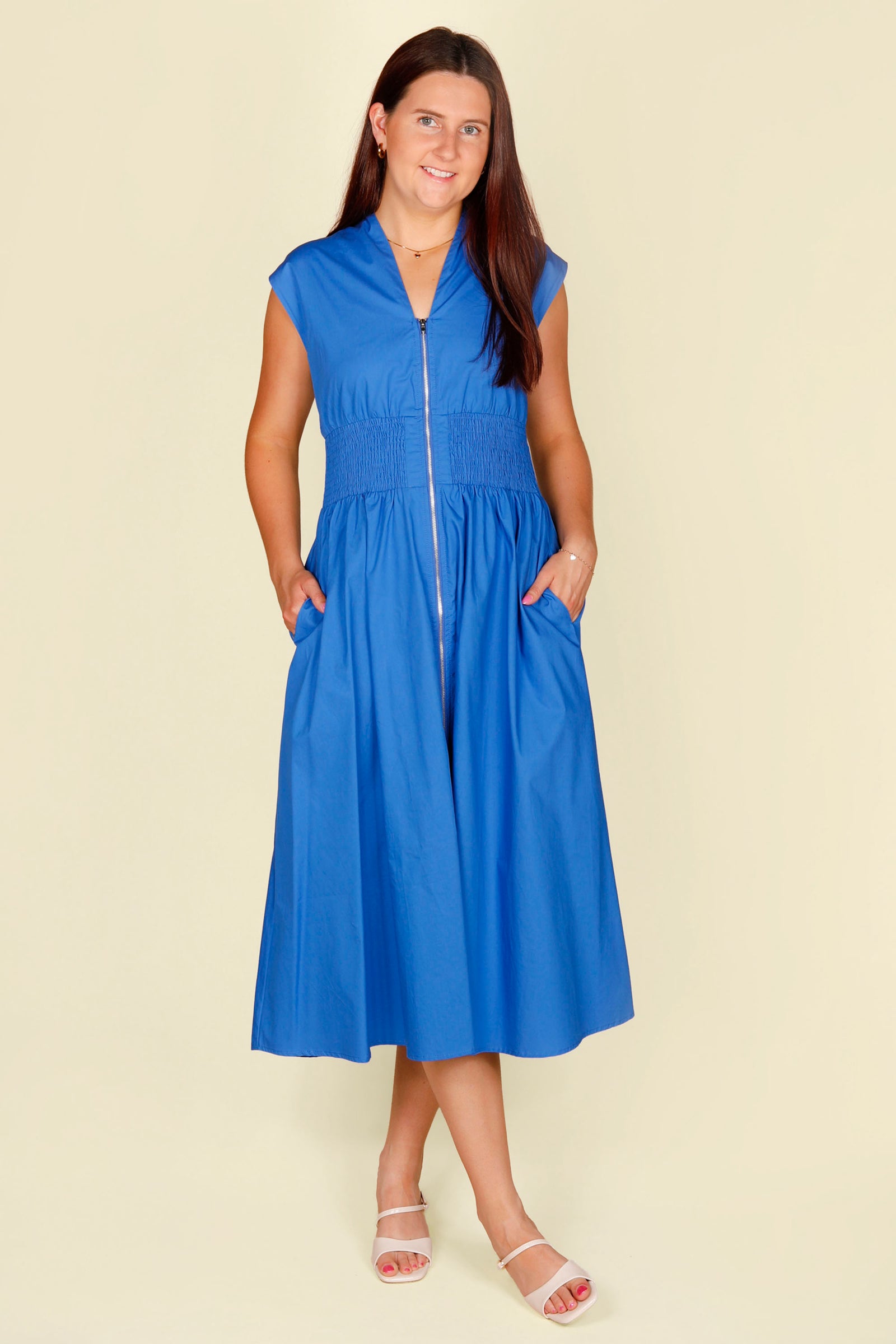 Royal Blue Zip Smocked Dress