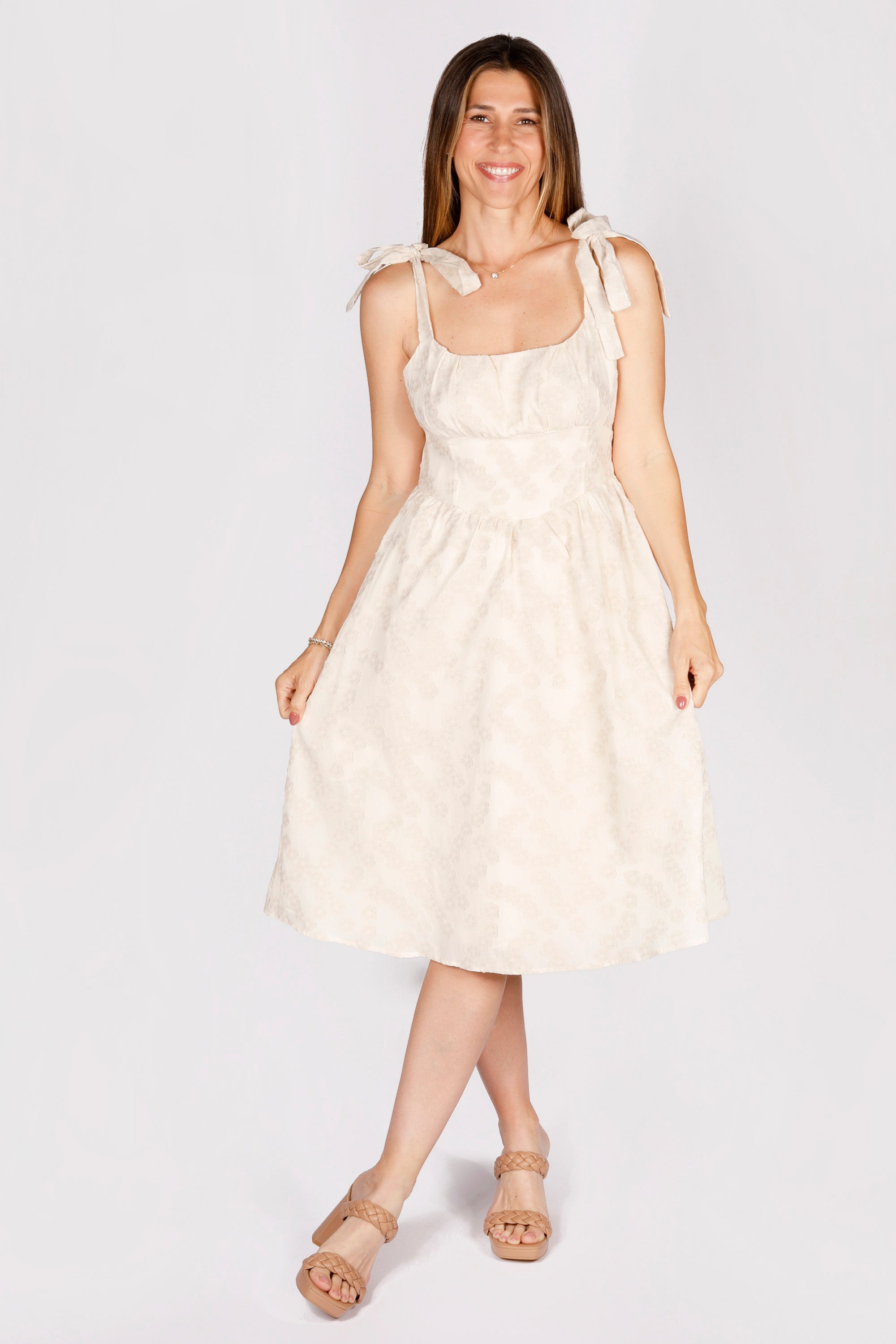 Sarah Cream Jacquard Midi Dress