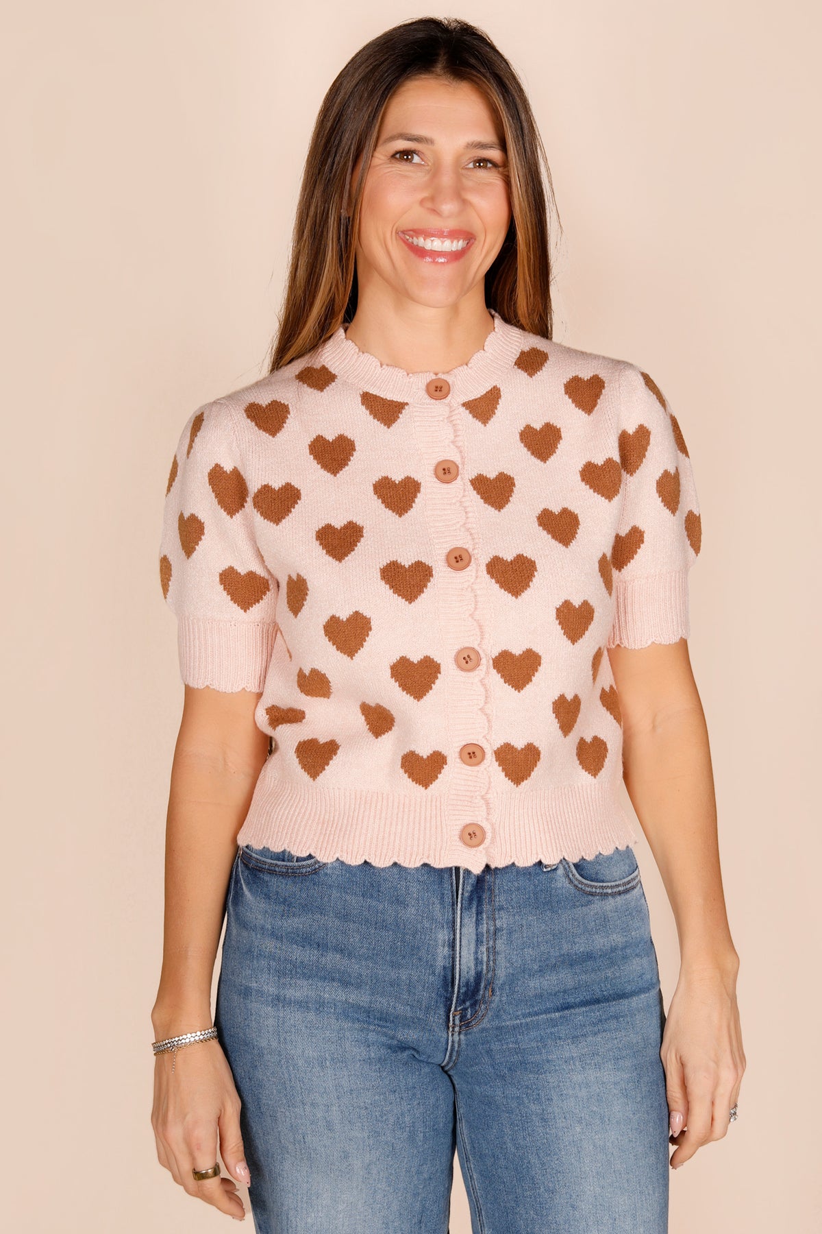 Pink &amp; Tan Heart Knit Top
