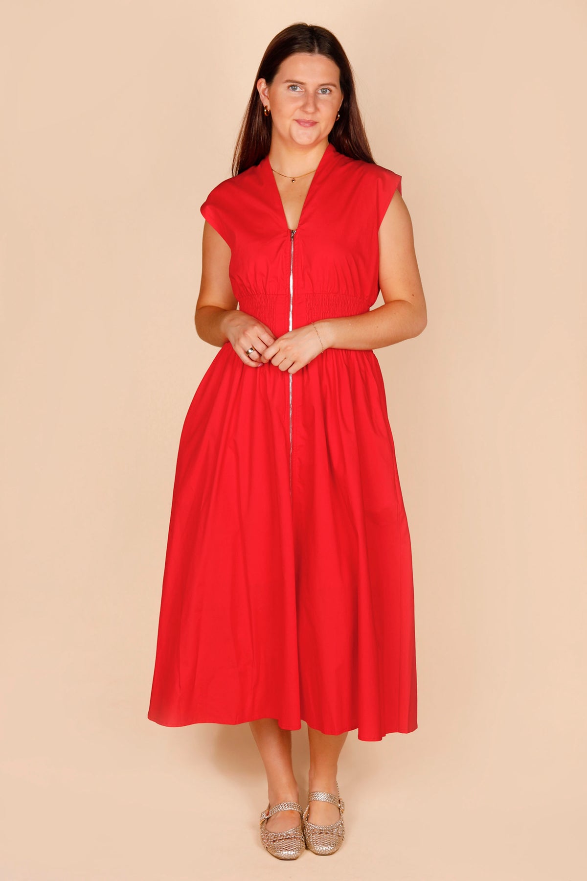 Red Zip Smocked Dress
