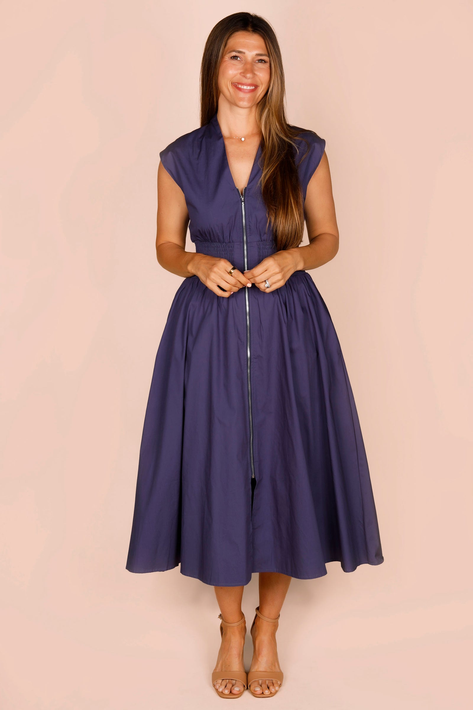 Navy Zip Smocked Dress