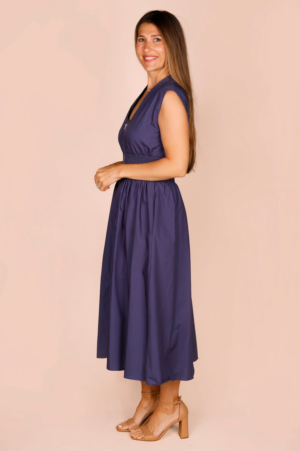 Navy Zip Smocked Dress