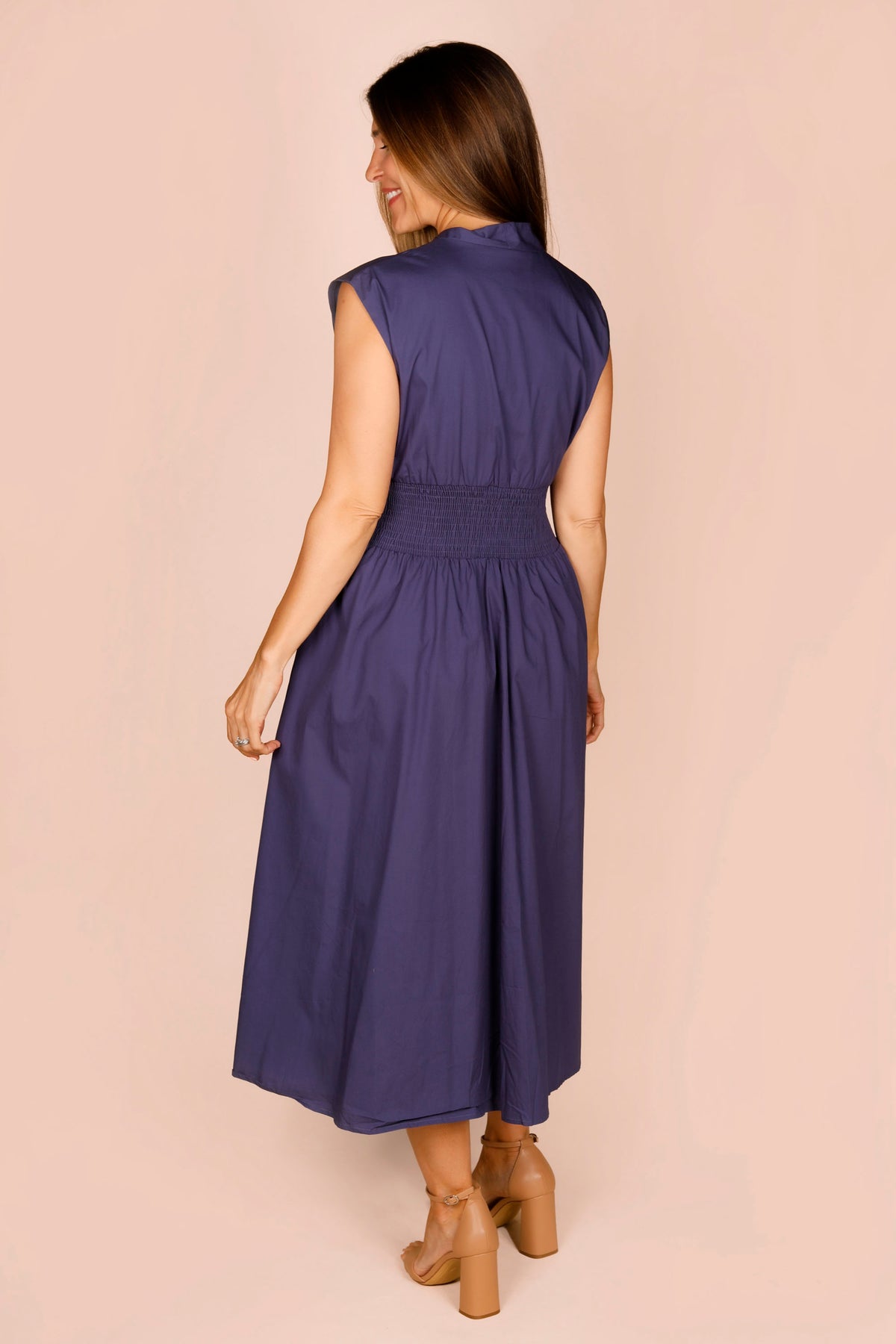 Navy Zip Smocked Dress