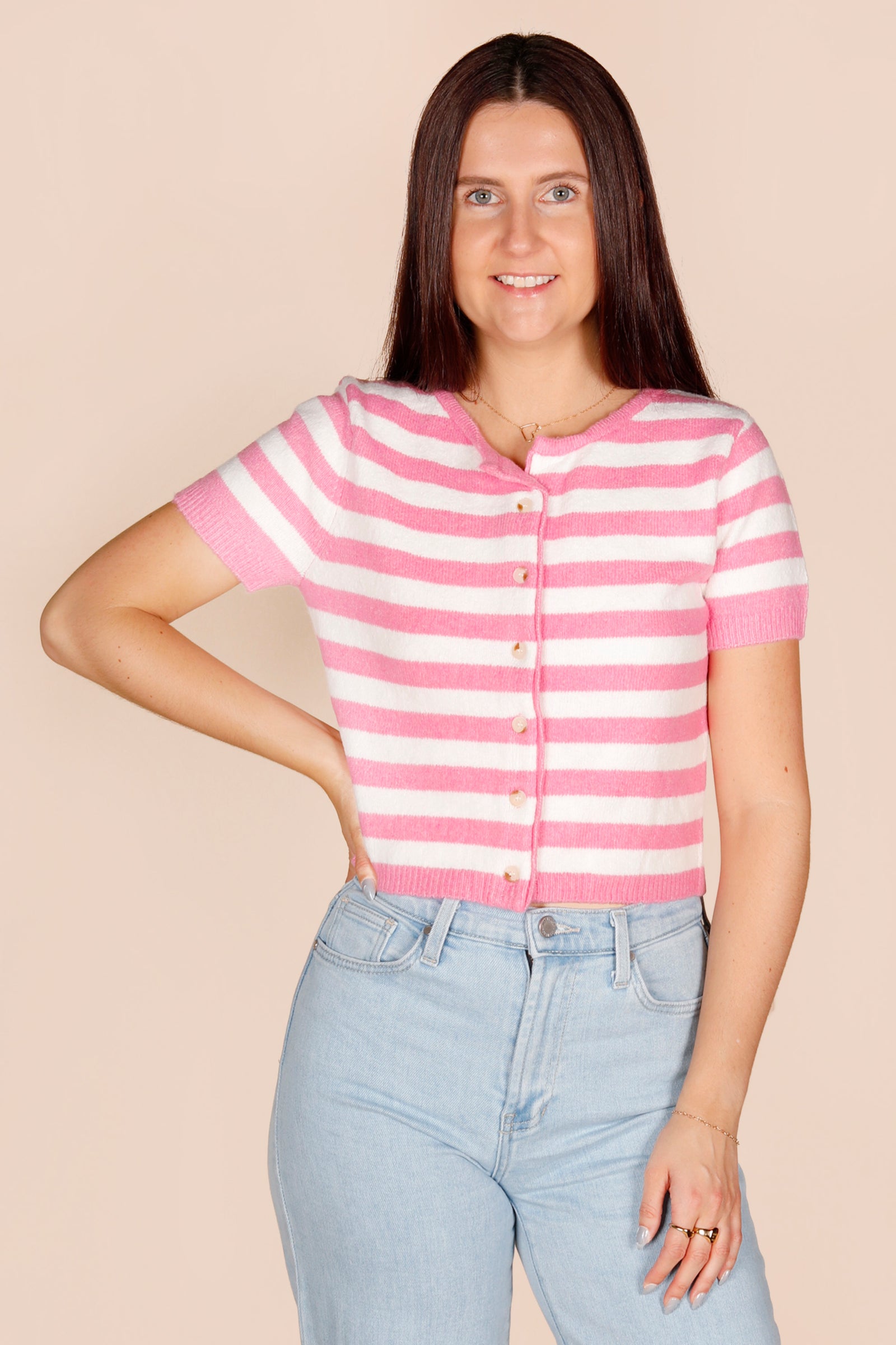 Jessa Pink & White Striped Knit Top