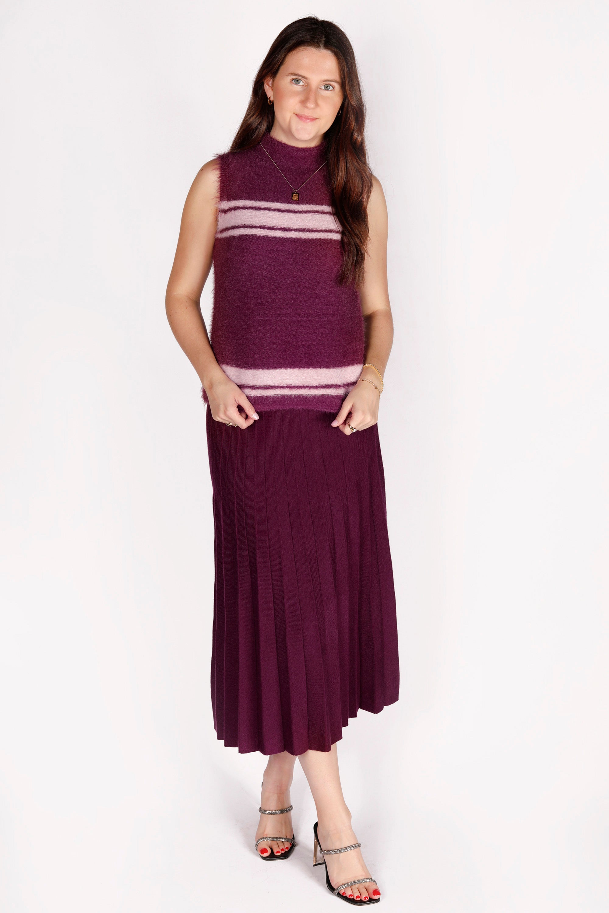 Plum Pleated Knit Midi Skirt