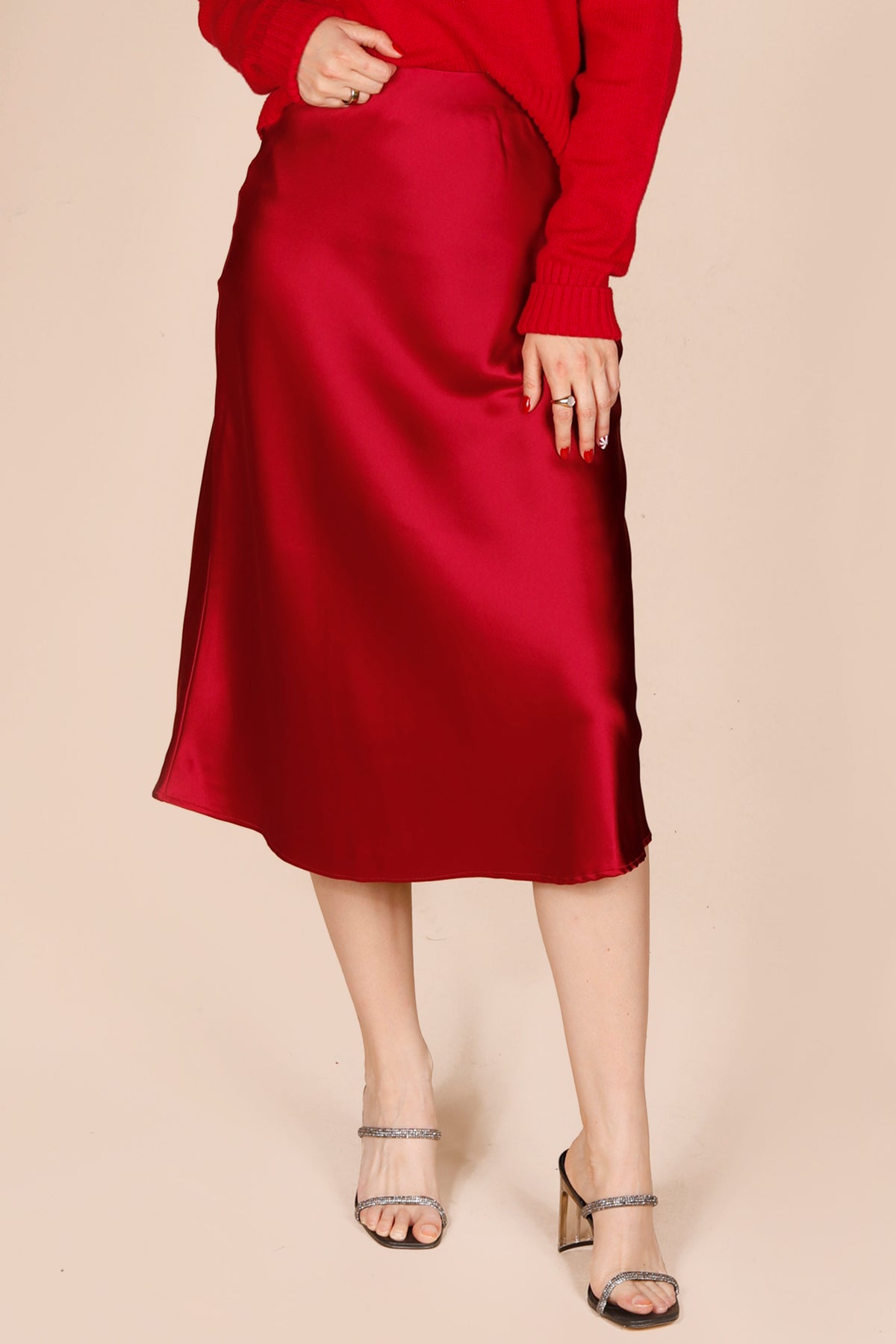 Red Satin Midi Skirt - FINAL SALE