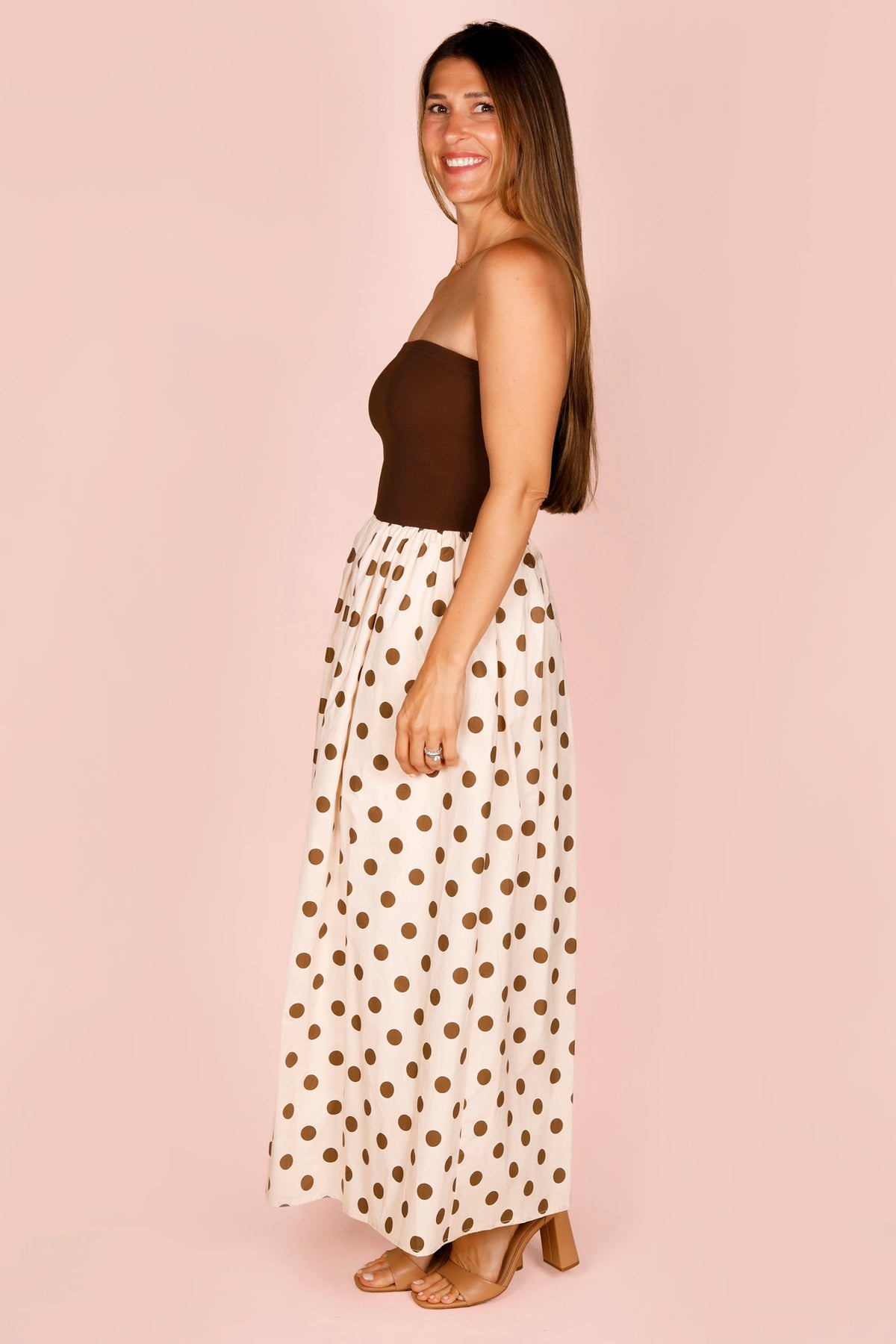 Brown Polka Dot Strapless Dress