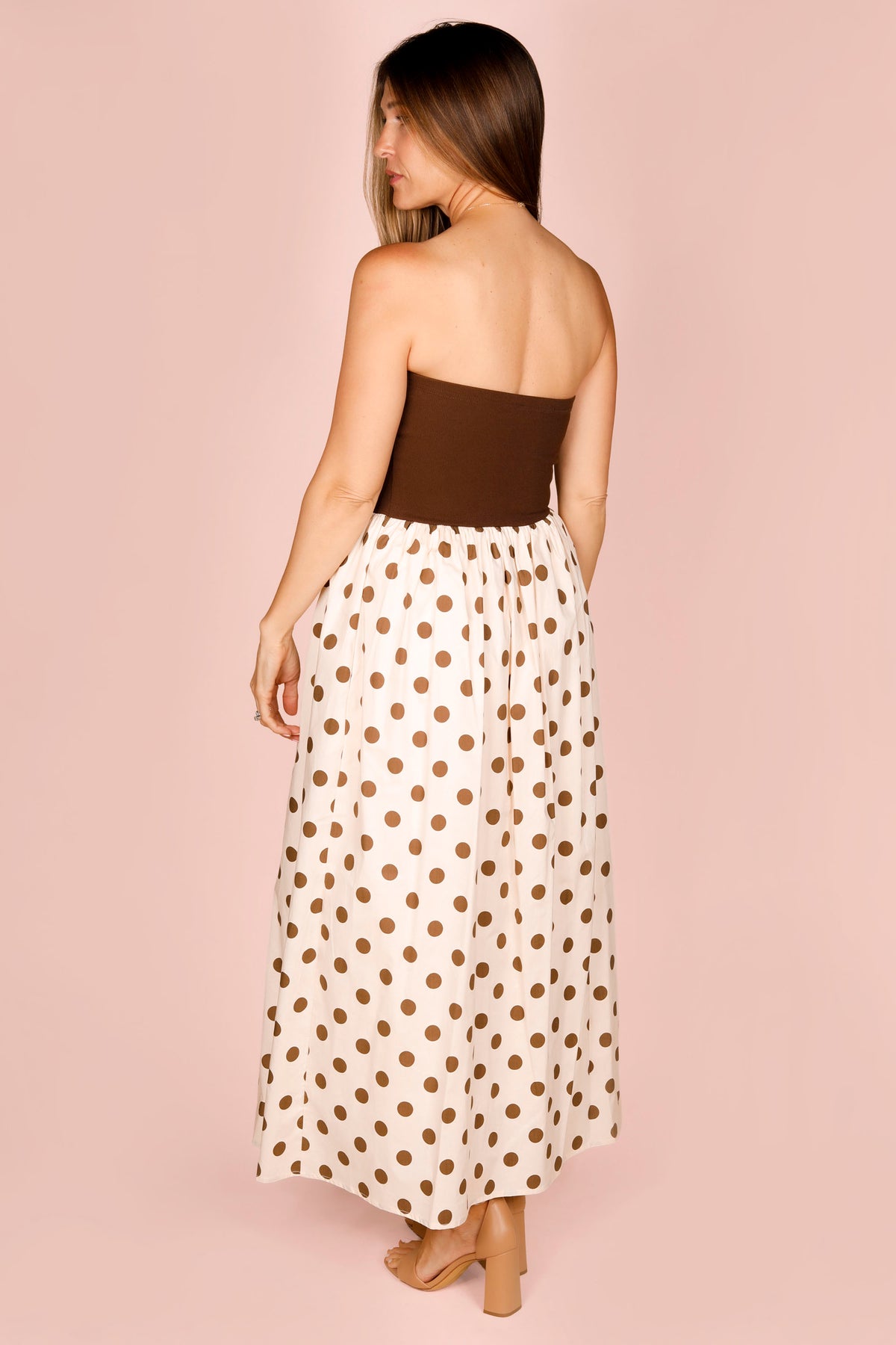 Brown Polka Dot Strapless Dress