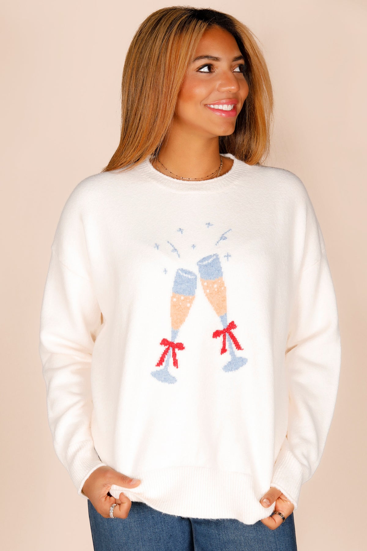 Champagne Cheers Cream Sweater - FINAL SALE