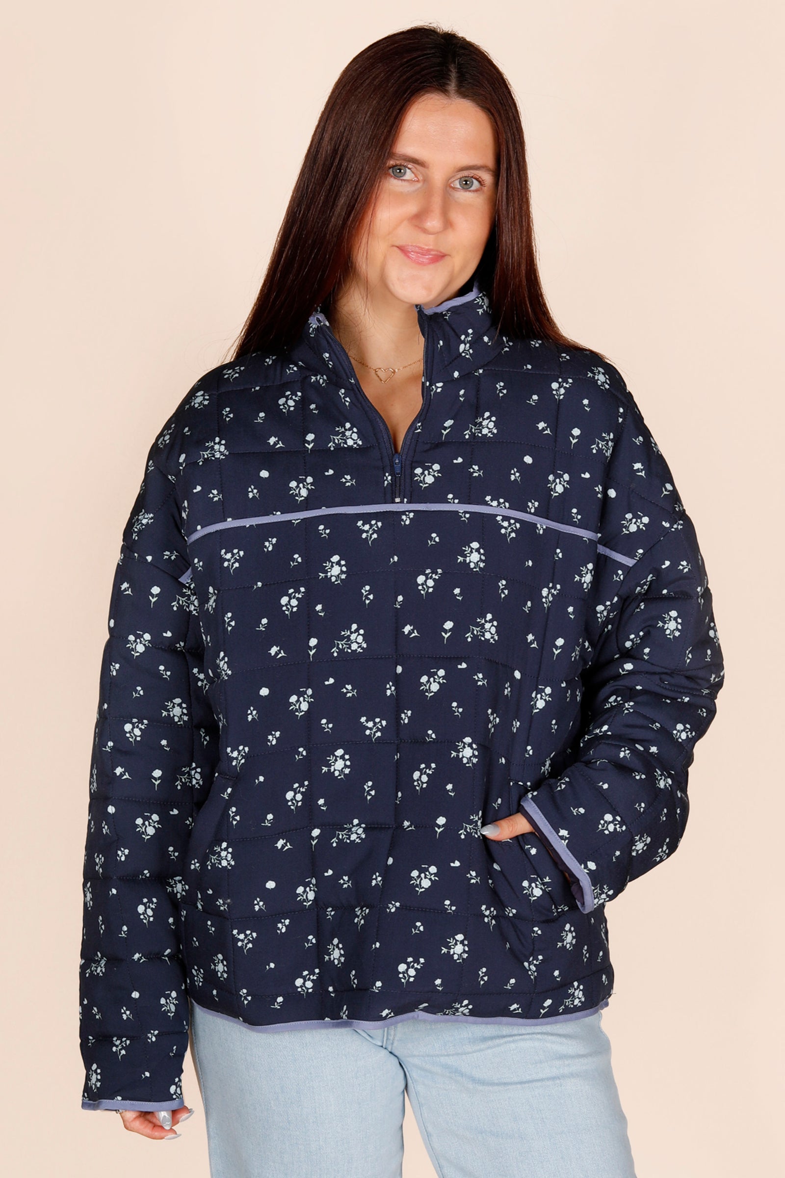 Navy Floral Quilted Pullover Jacket