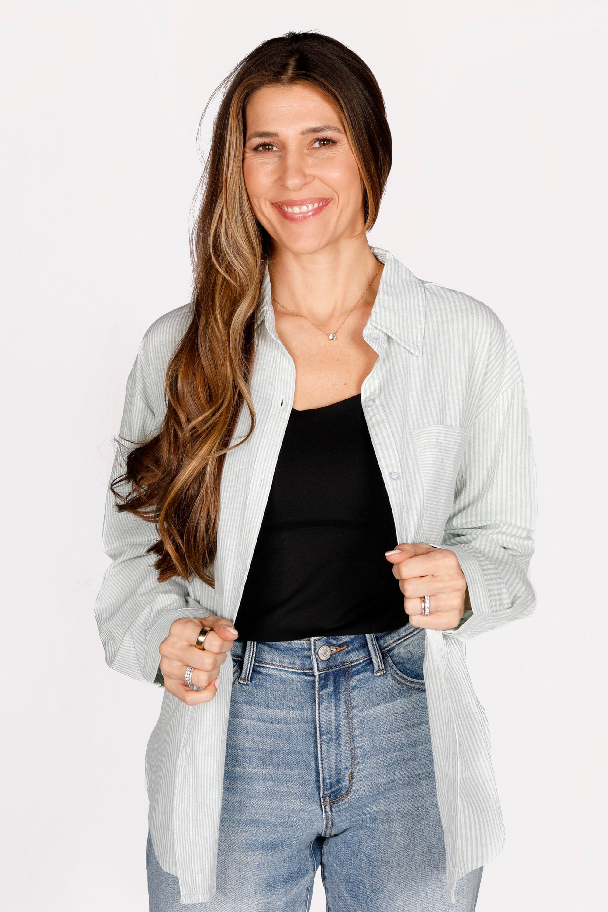 Sage Striped Button Up Top