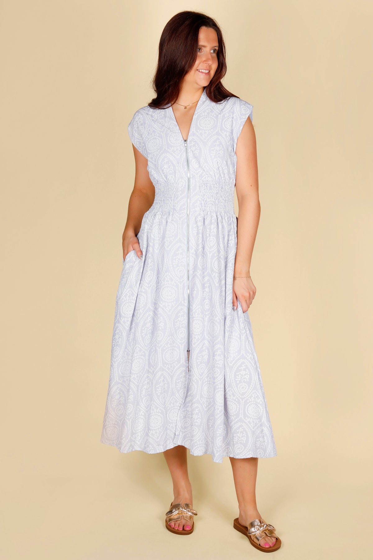 Light Blue Eyelet Zip Midi Dress - FINAL SALE