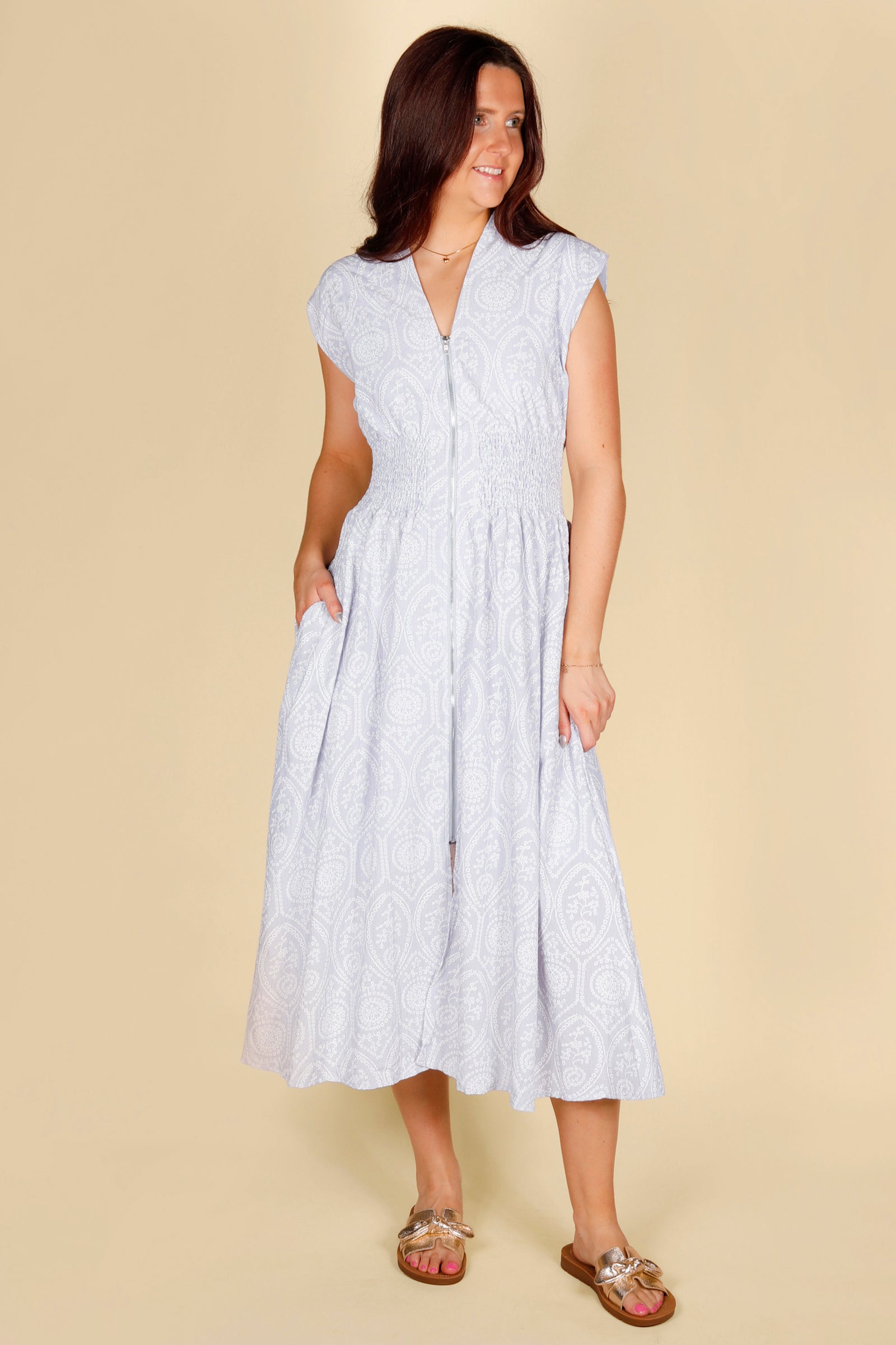 Light Blue Eyelet Zip Midi Dress - FINAL SALE