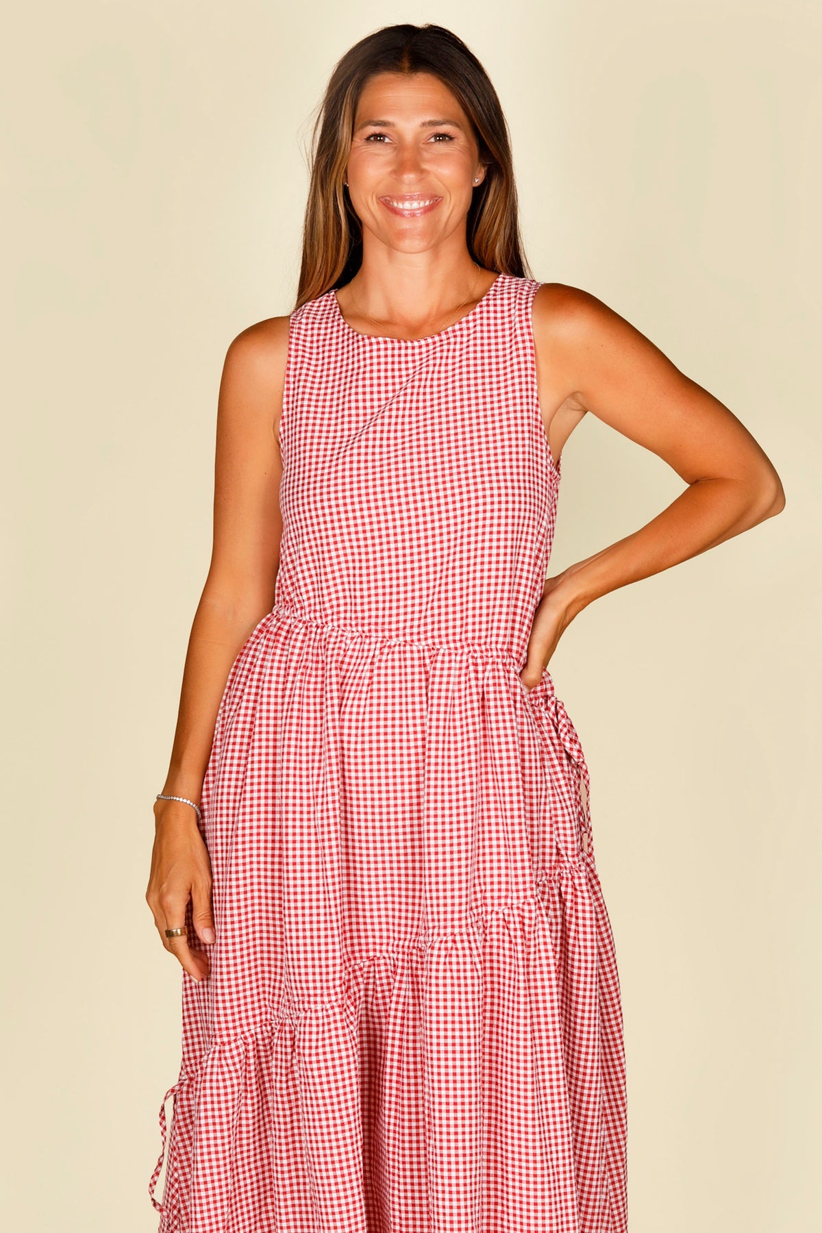 Red Gingham Asymmetrical Midi Dress