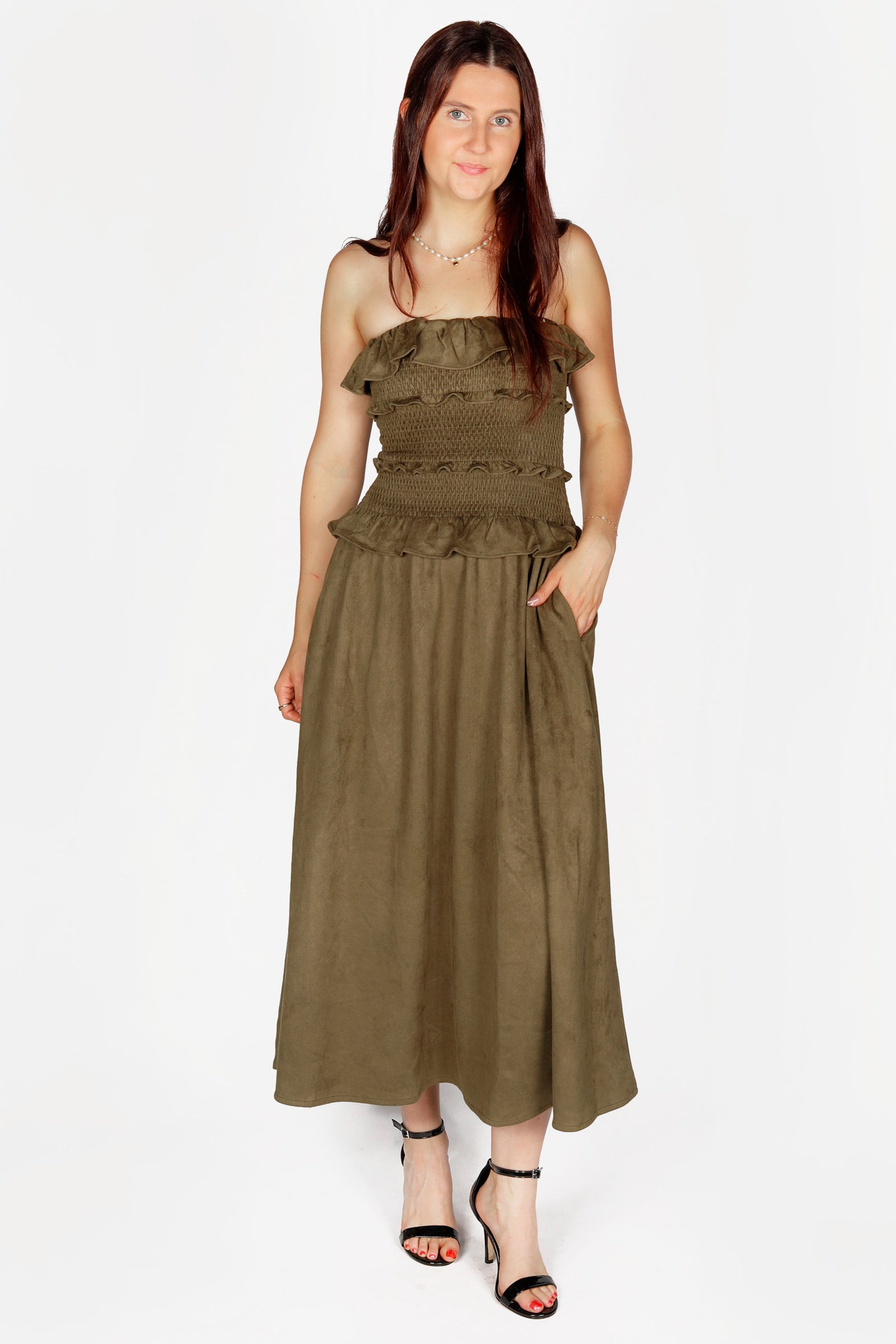 Olive Suede Ruffle Dress - FINAL SALE