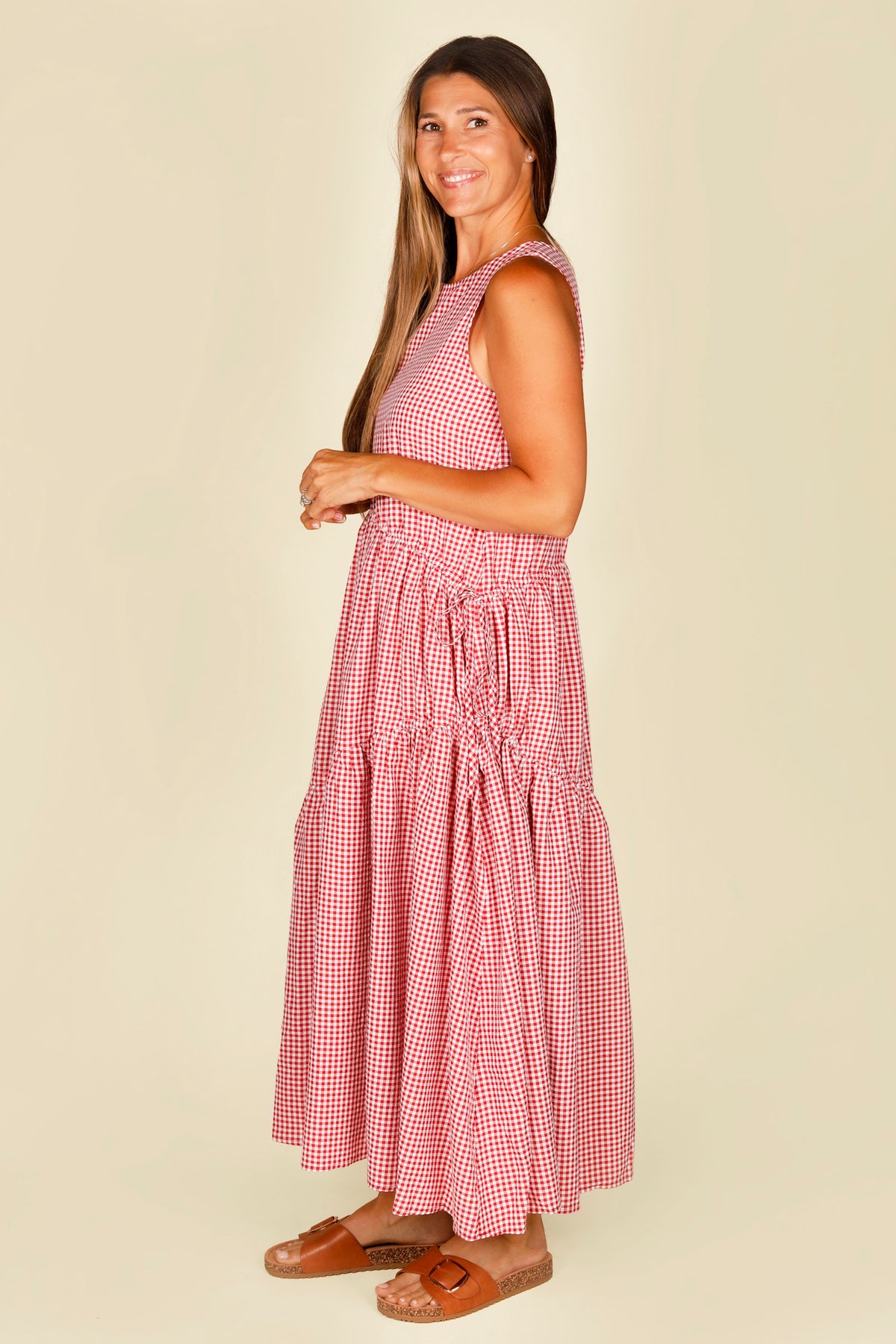 Red Gingham Asymmetrical Midi Dress