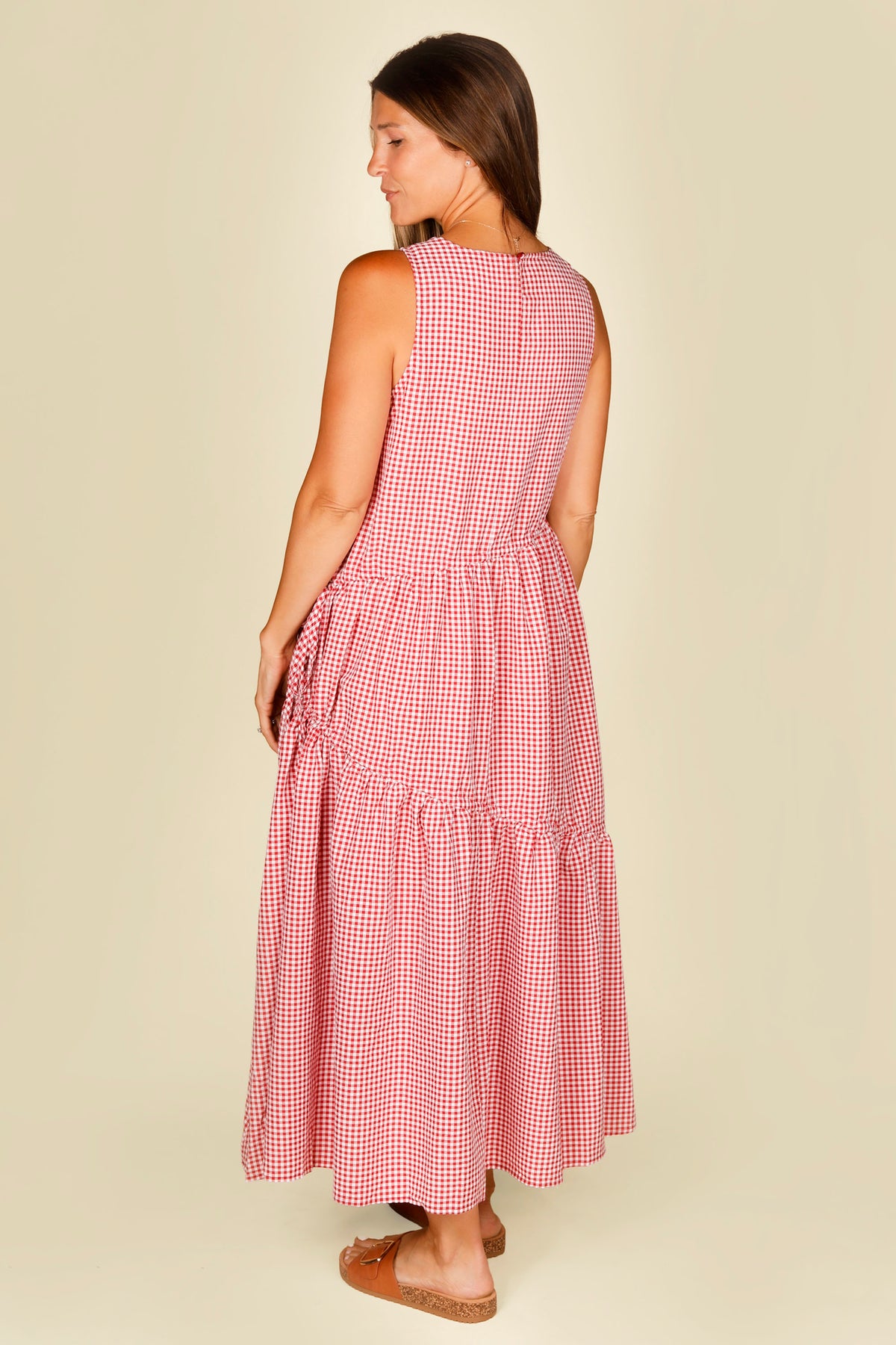 Red Gingham Asymmetrical Midi Dress