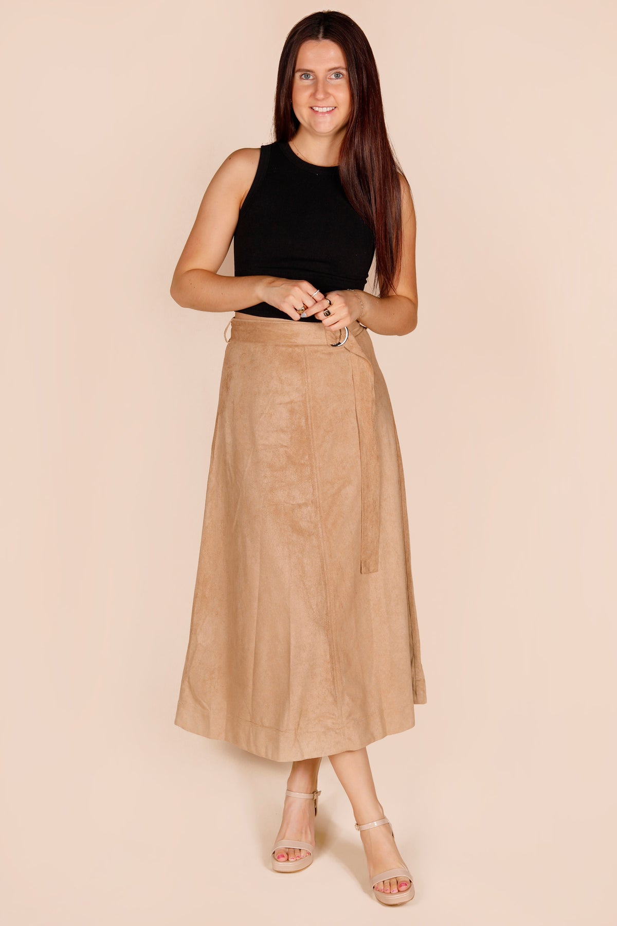 Camel Suede Midi Skirt