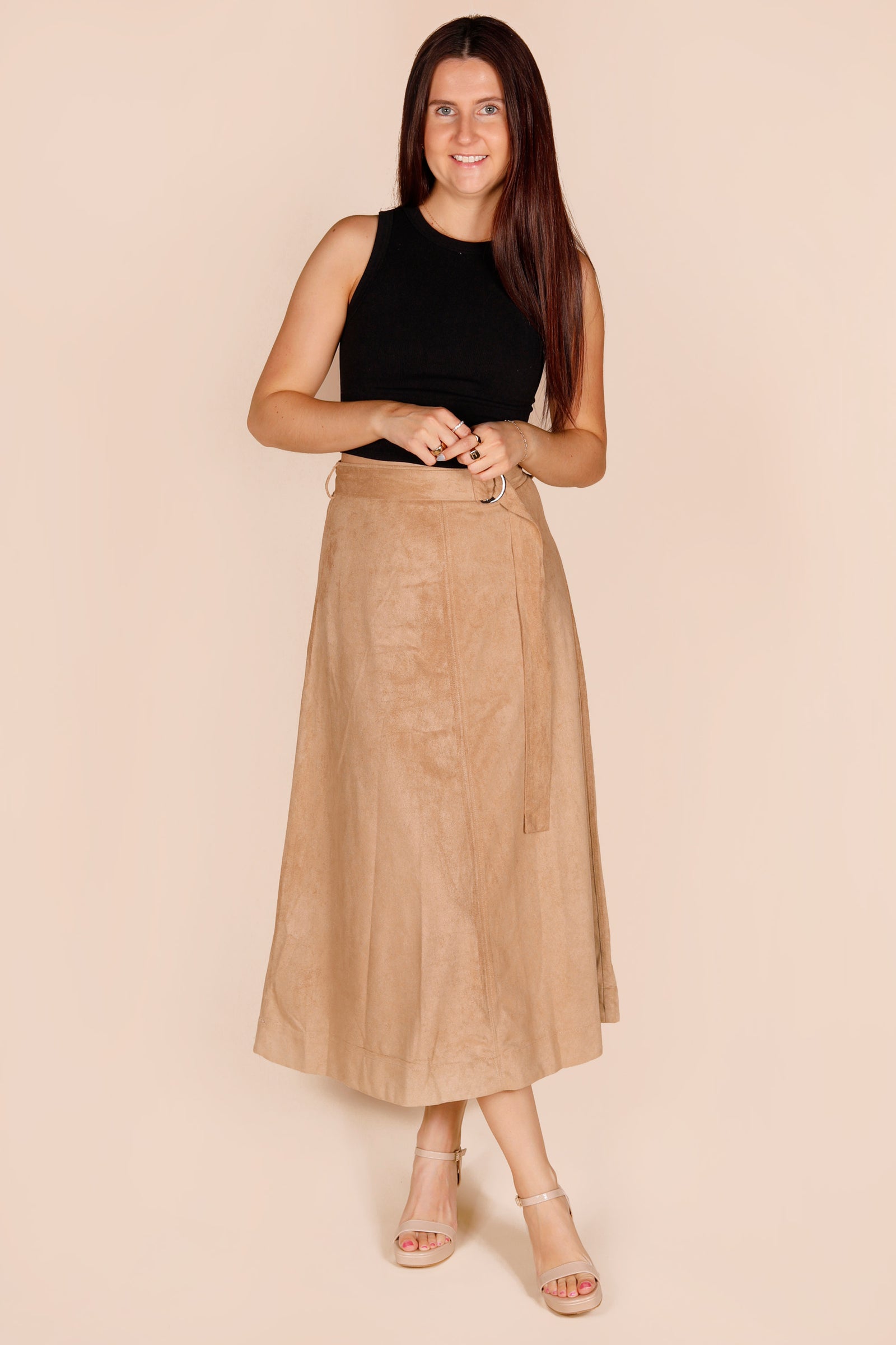 Camel Suede Midi Skirt