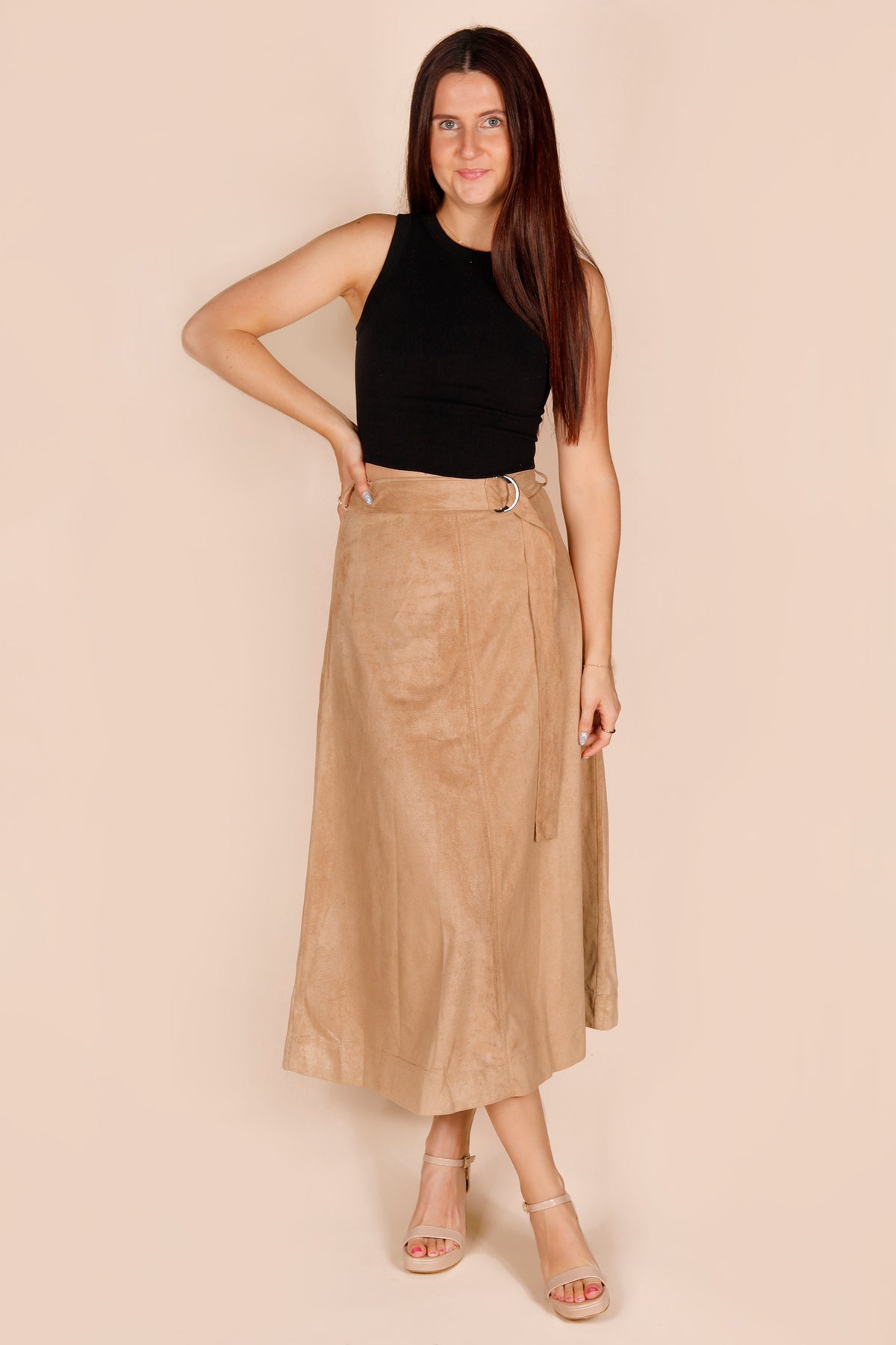 Camel Suede Midi Skirt