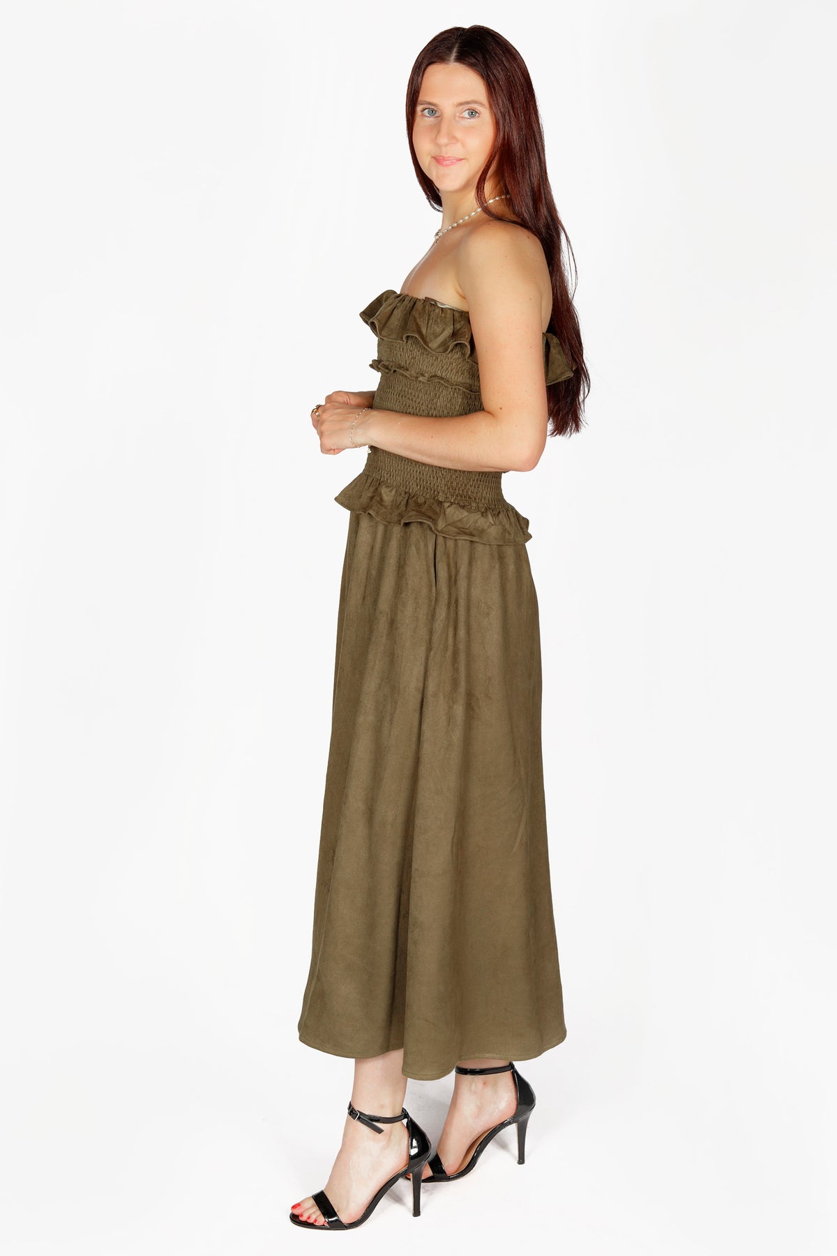 Olive Suede Ruffle Dress - FINAL SALE