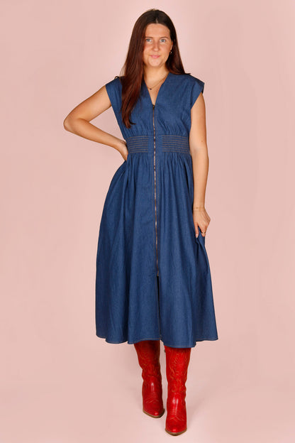 Denim Blue Zip Smocked Dress - FINAL SALE