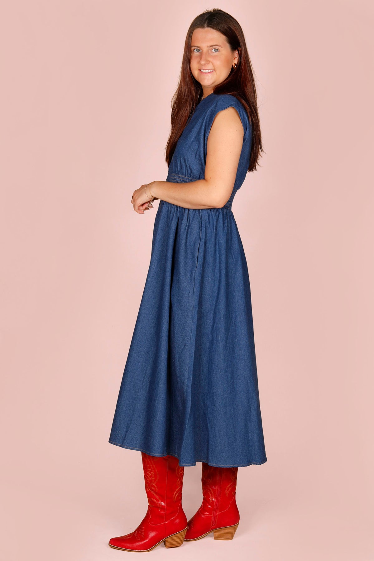 Denim Blue Zip Smocked Dress - FINAL SALE