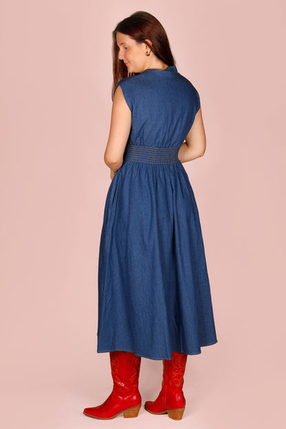 Denim Blue Zip Smocked Dress - FINAL SALE
