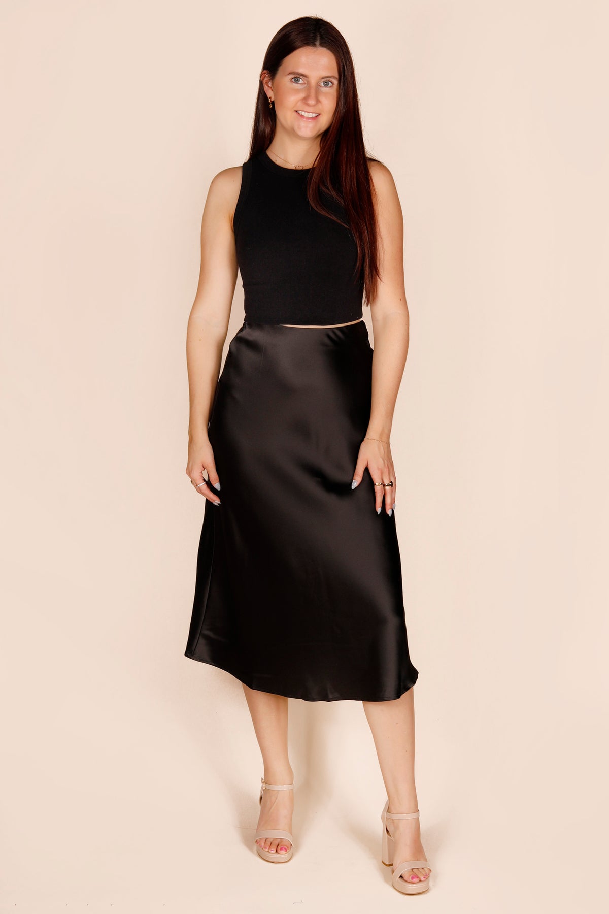 Black Satin Midi Skirt