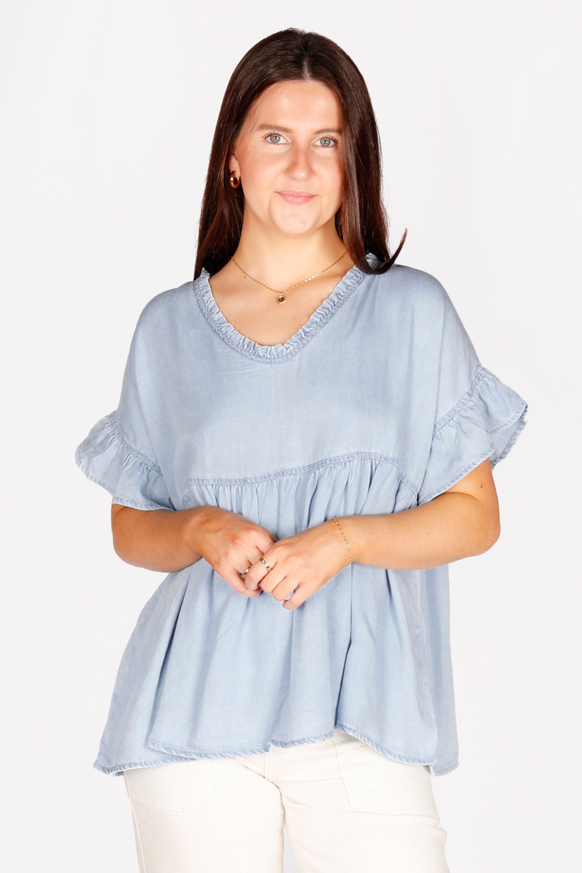 Light Denim Ruffle Top - FINAL SALE