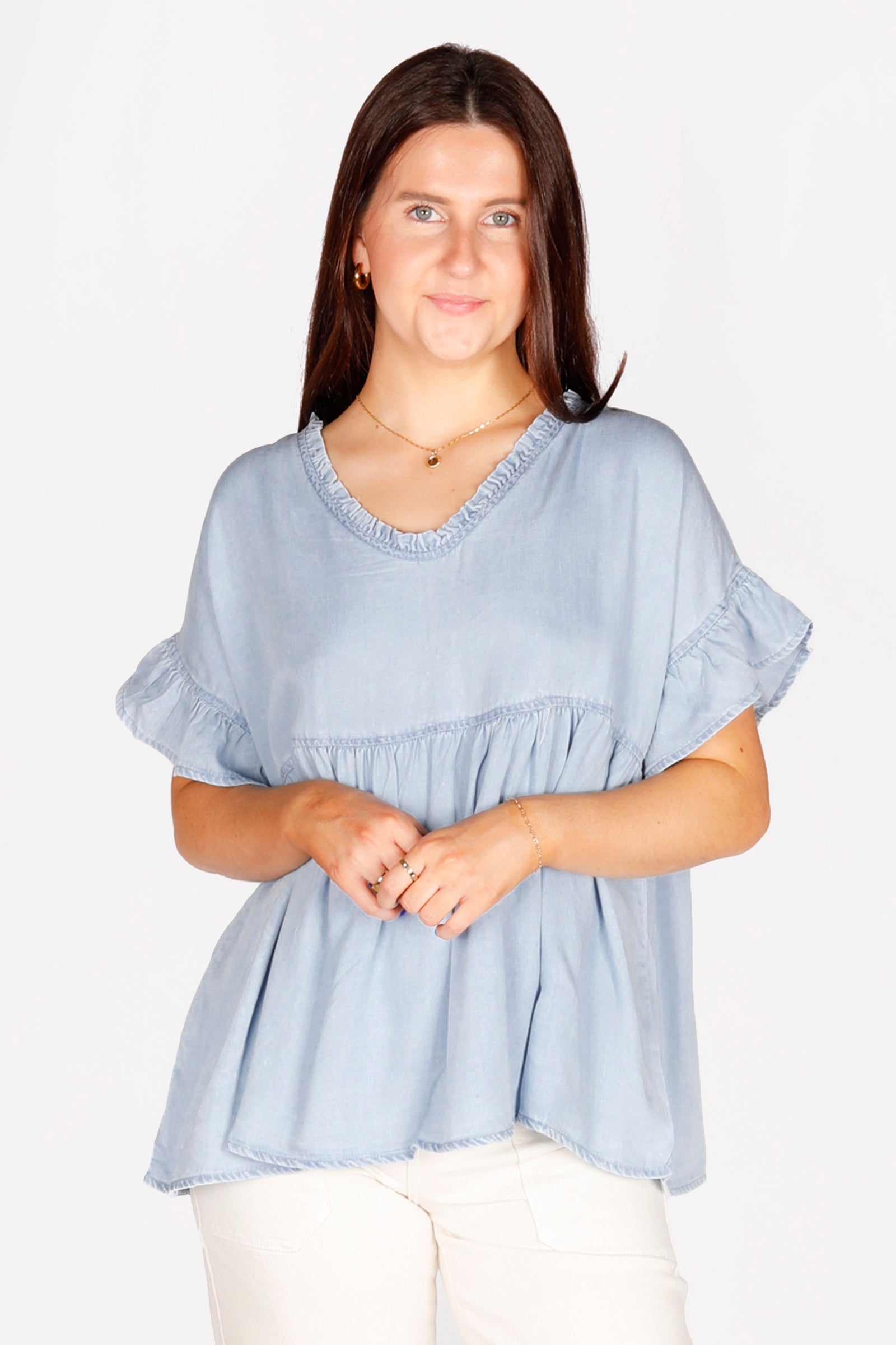 Light Denim Ruffle Top - FINAL SALE