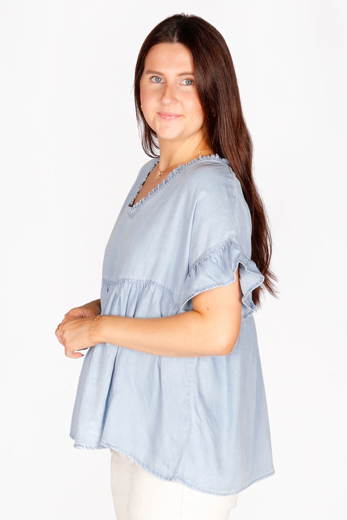 Light Denim Ruffle Top - FINAL SALE