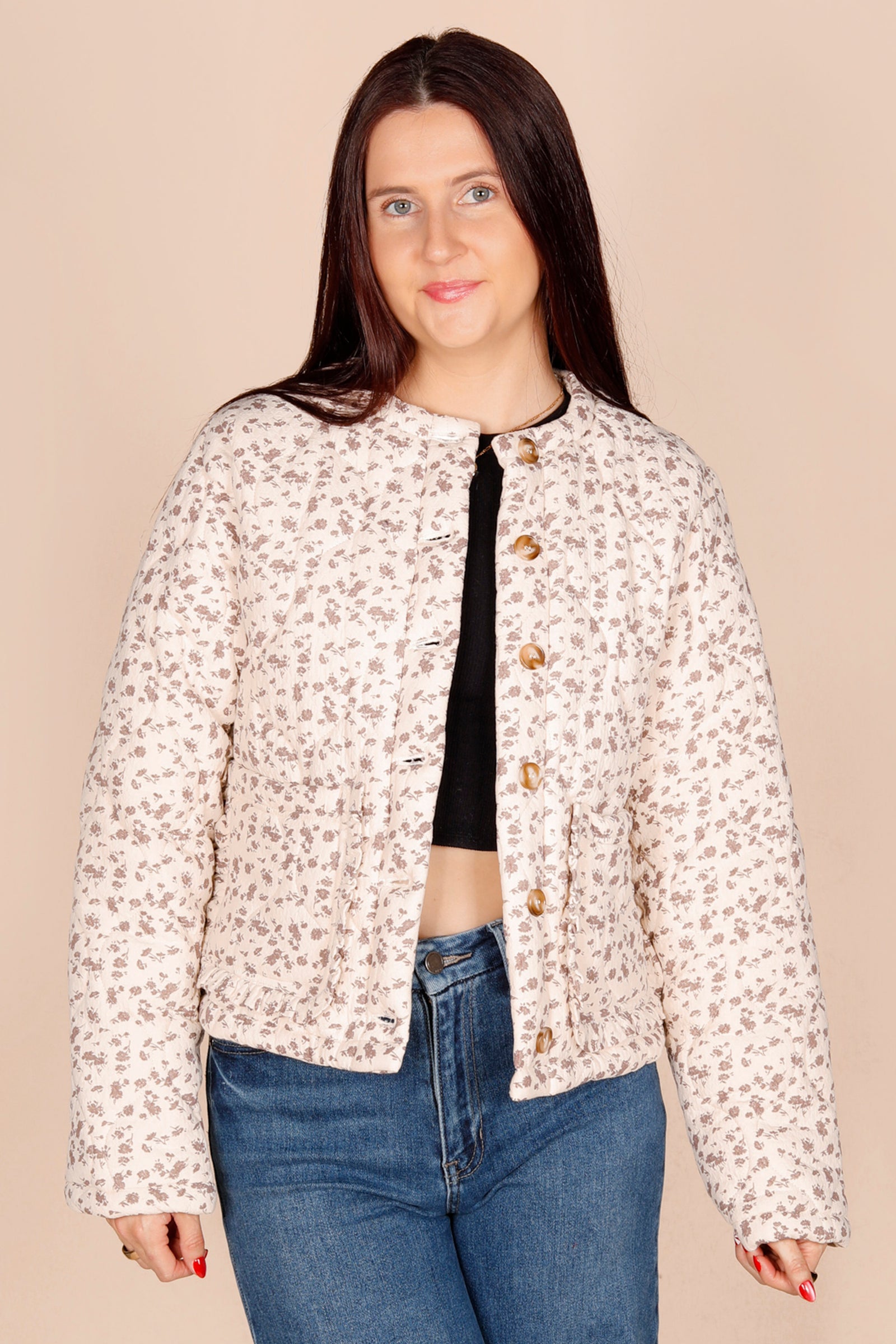 Cream Flower Puffer Jacket