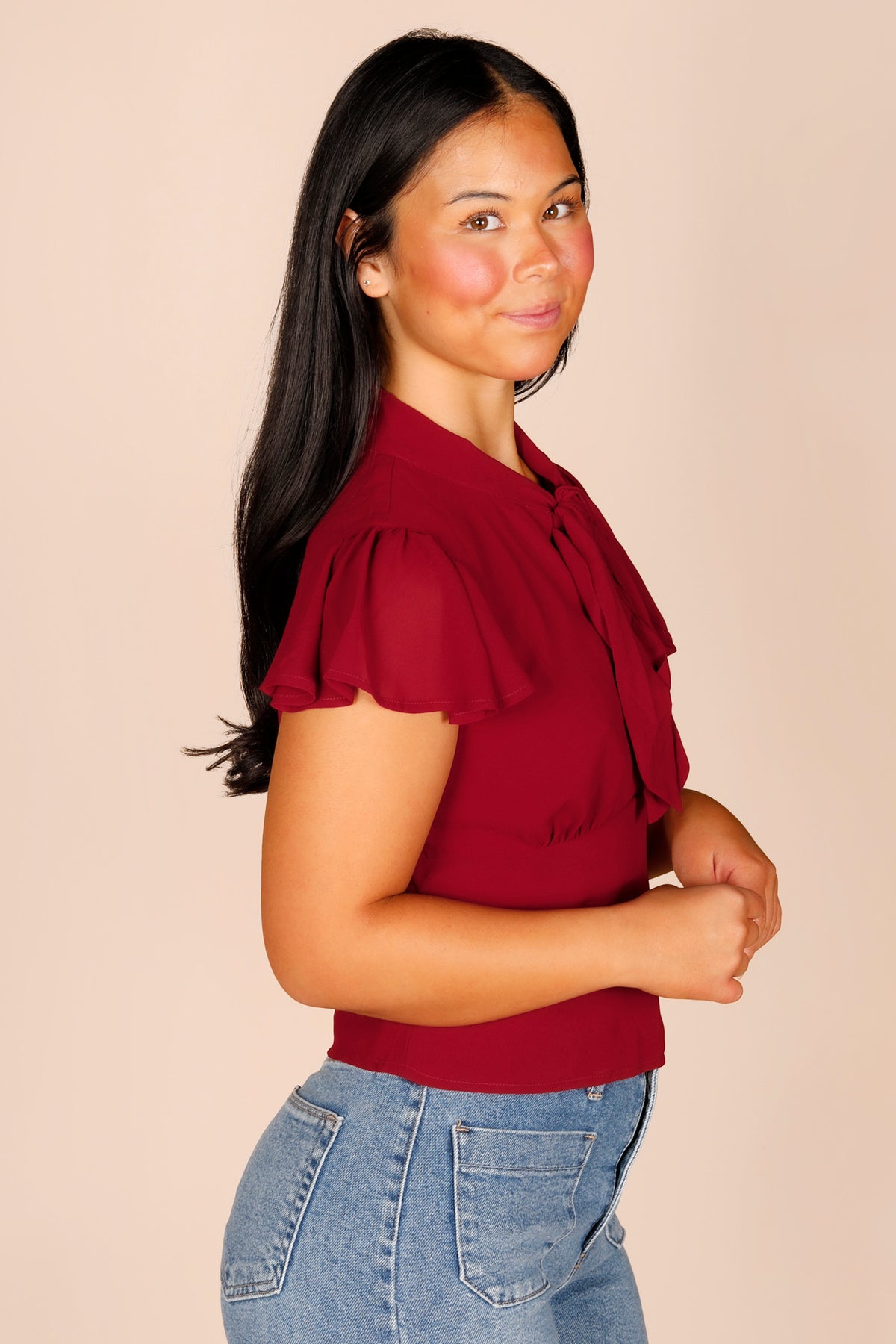 Livy Burgundy Tie Neck Top