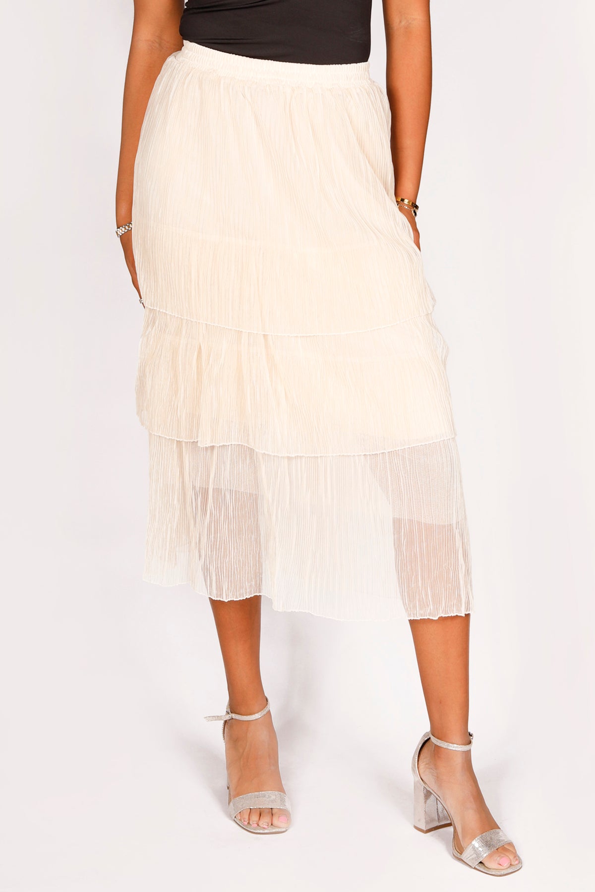 Pearled Ivory Tiered Midi Skirt