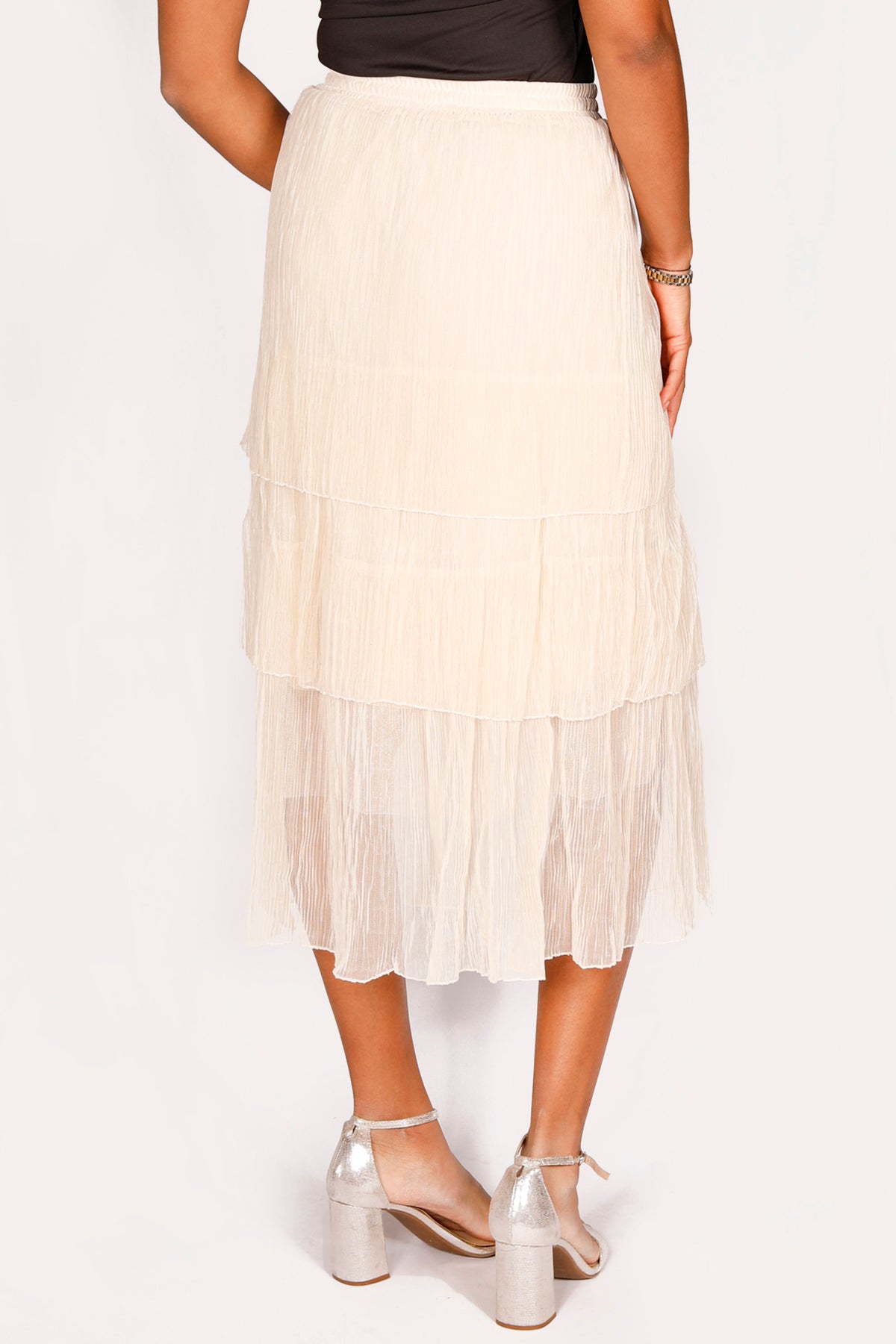 Pearled Ivory Tiered Midi Skirt