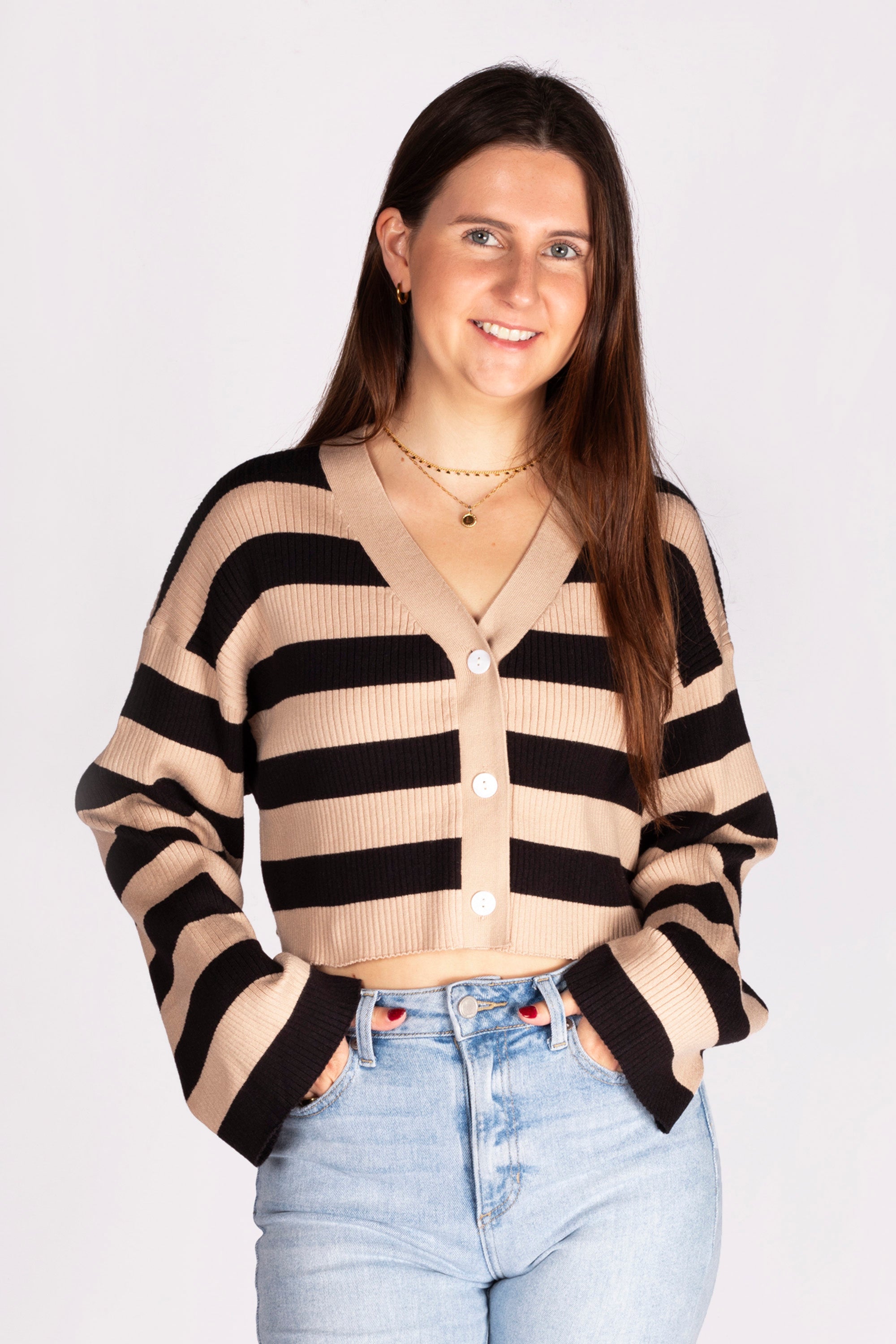 Tan & Black Striped Cropped Cardigan