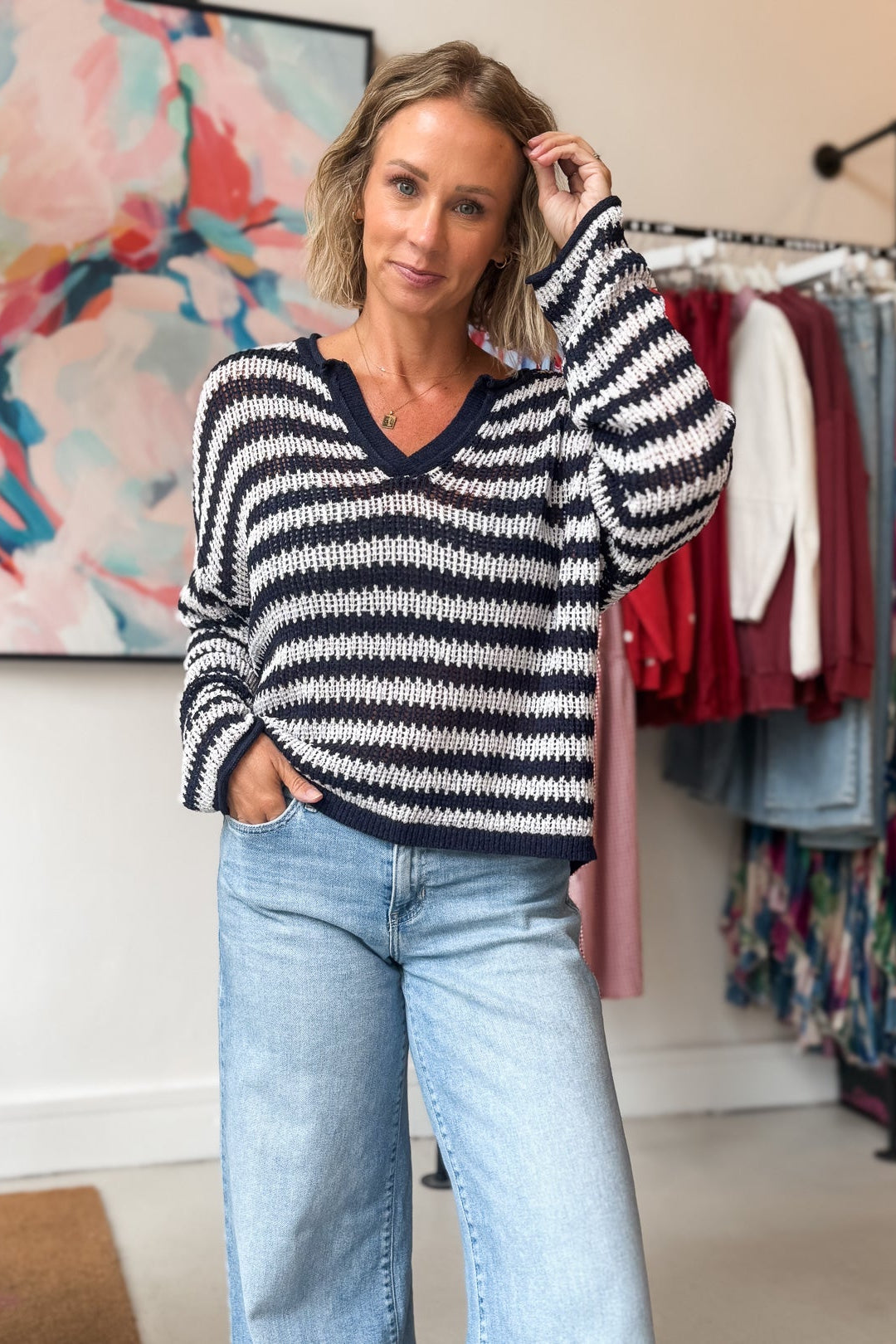 Donna Navy Stripe V-Neck Sweater