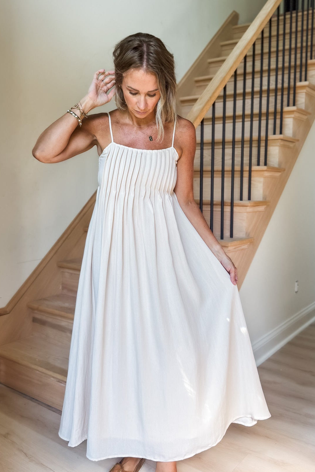 Kayla Light Khaki Pintuck Dress
