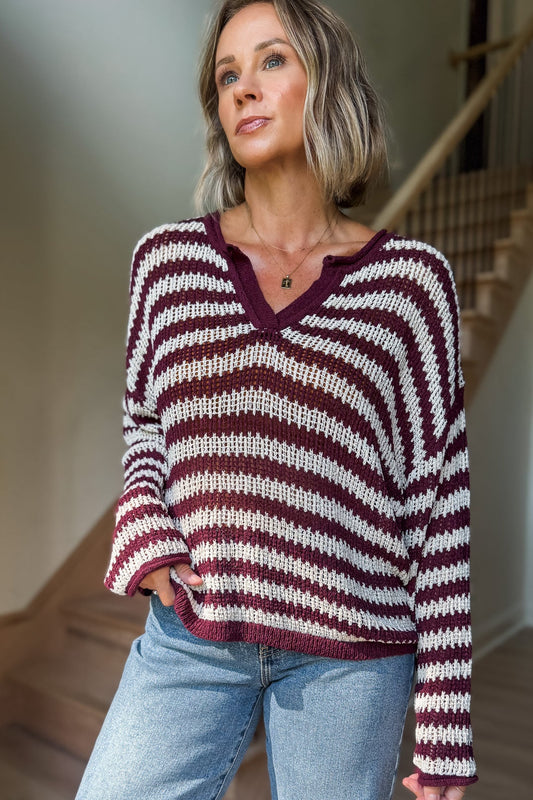 Donna Burgundy Stripe V-Neck Sweater - FINAL SALE