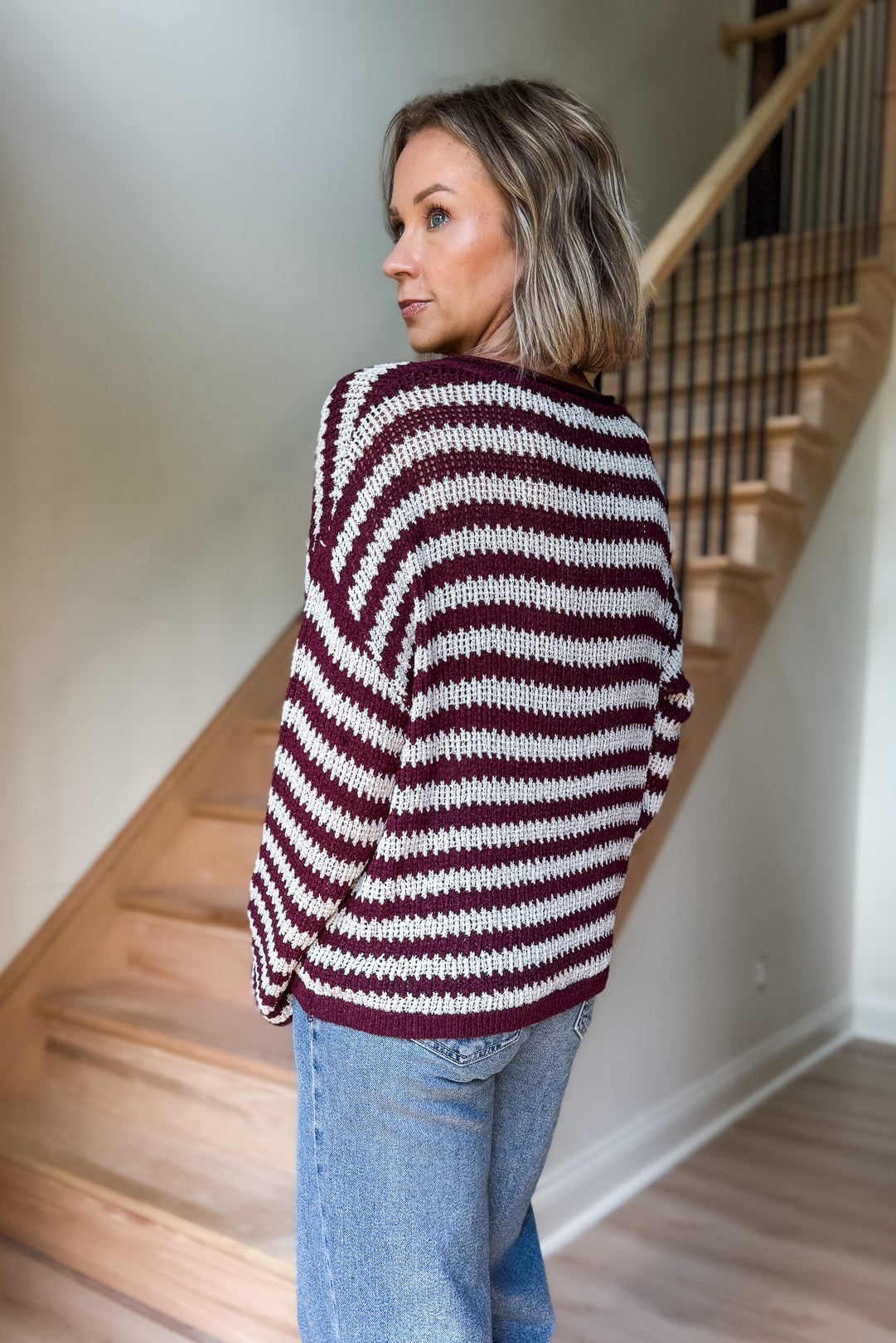 Donna Burgundy Stripe V-Neck Sweater
