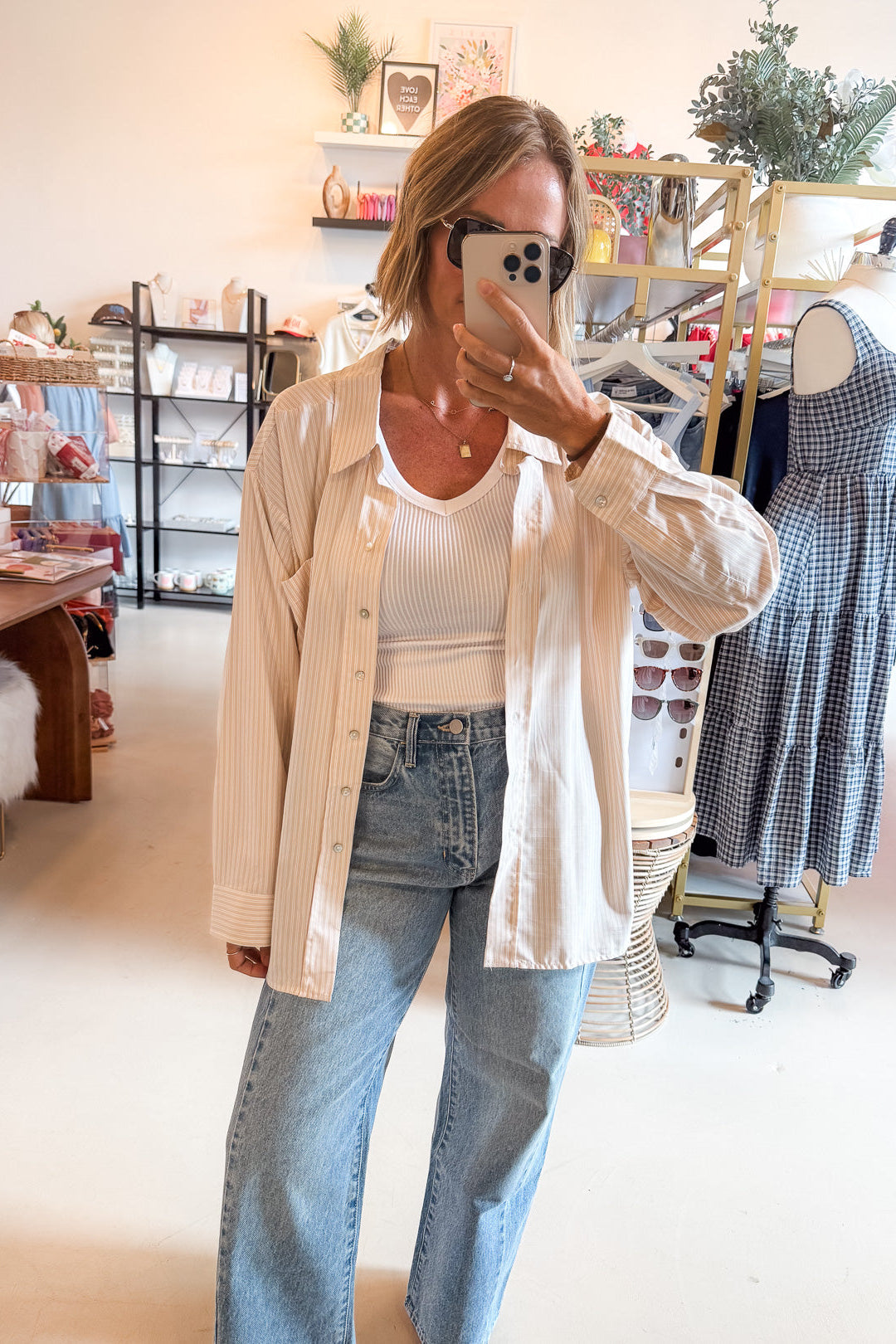 Jennifer Beige Stripe Button Up