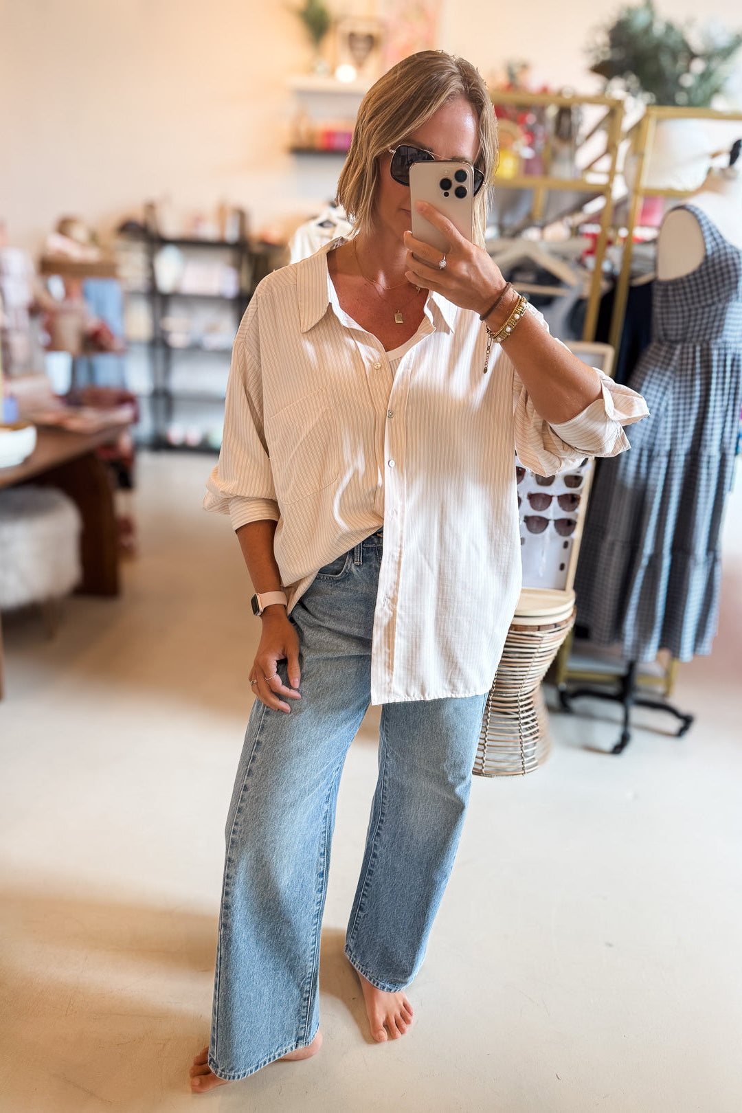 Jennifer Beige Stripe Button Up