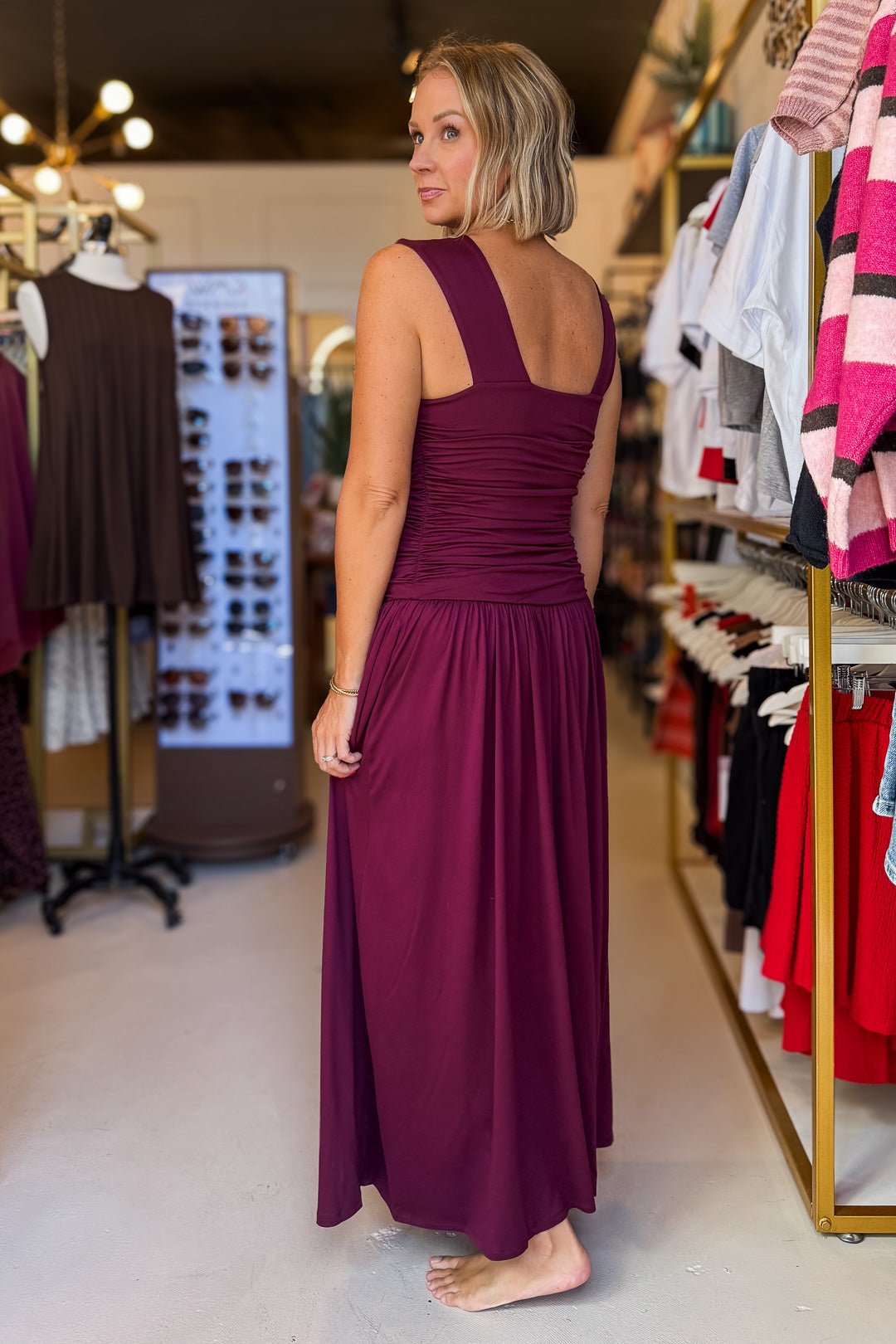 Julia Burgundy Ruched Maxi Dress