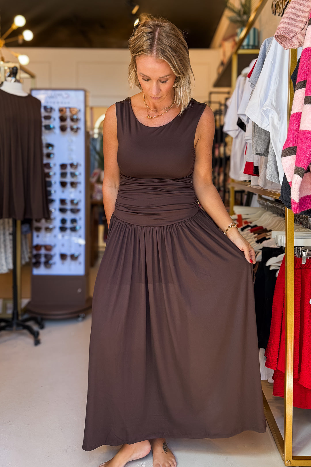 Julia Chocolate Ruched Maxi Dress
