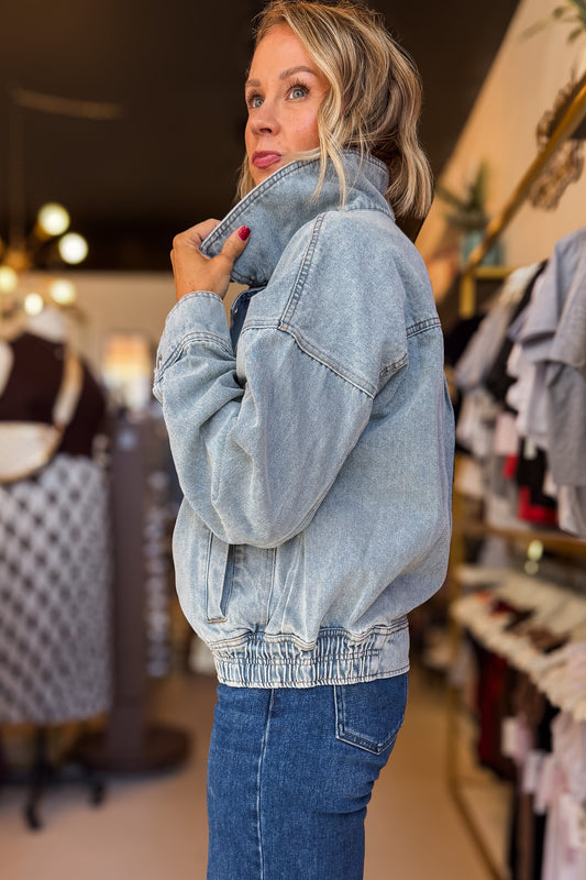 Light Wash Denim Bomber Jacket