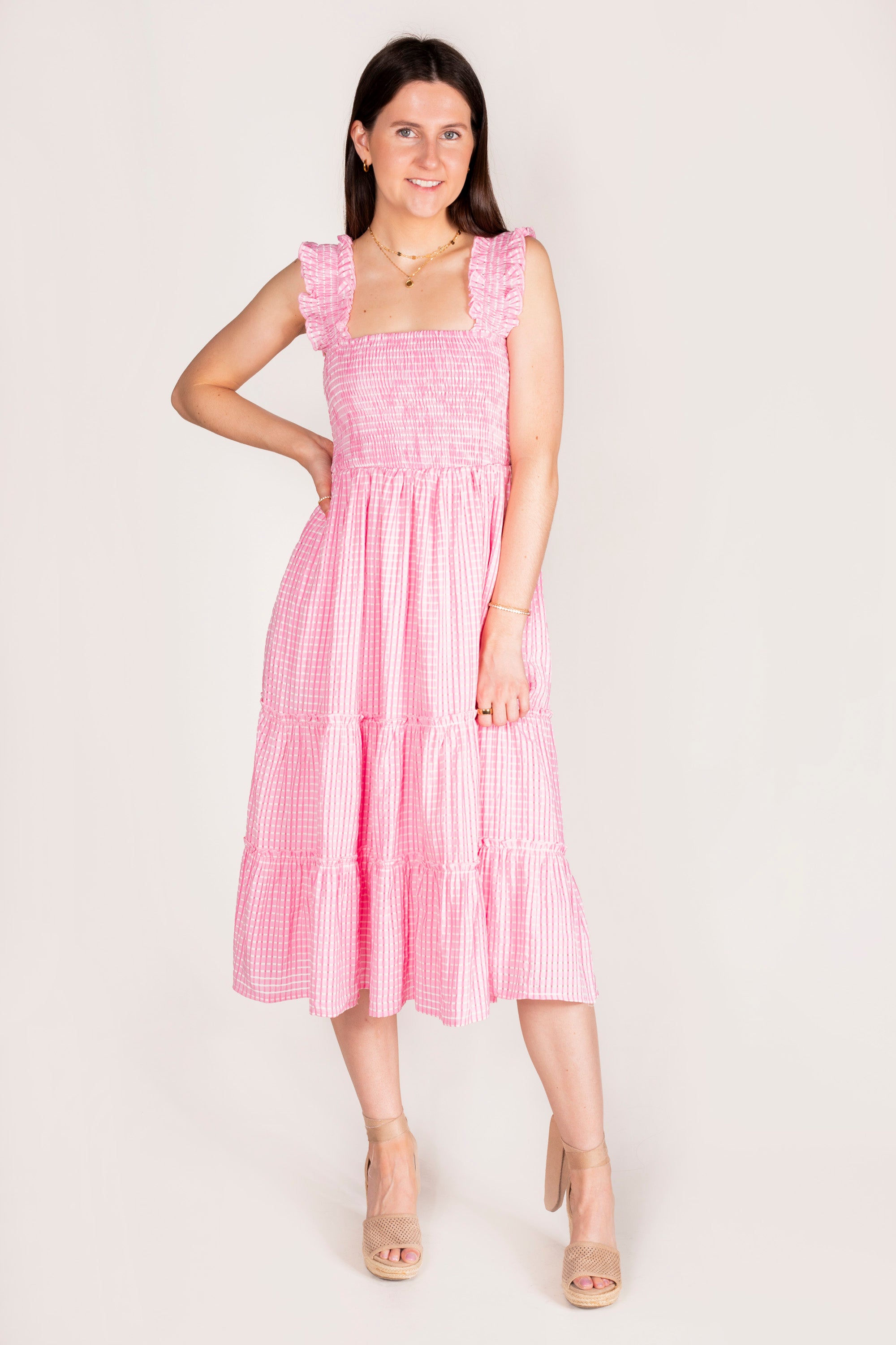 Pink Smocked Ruffle Midi Dress